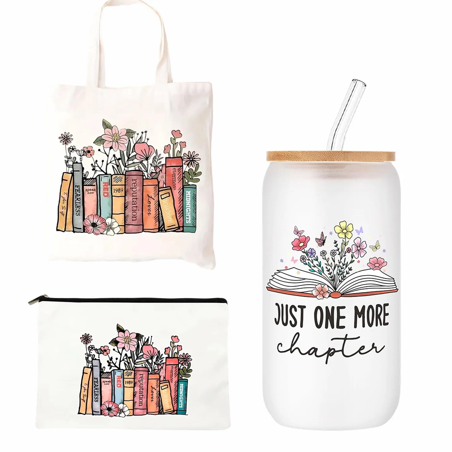 Onperpoe Cadeau d'anniversaire pour les amateurs de livres avec sacs fourre-tout, sacs cosmétiques, bouteilles en verre, bibliothécaire, bibliothécaire, cadeau pour lecteurs, enseignants, étudiants