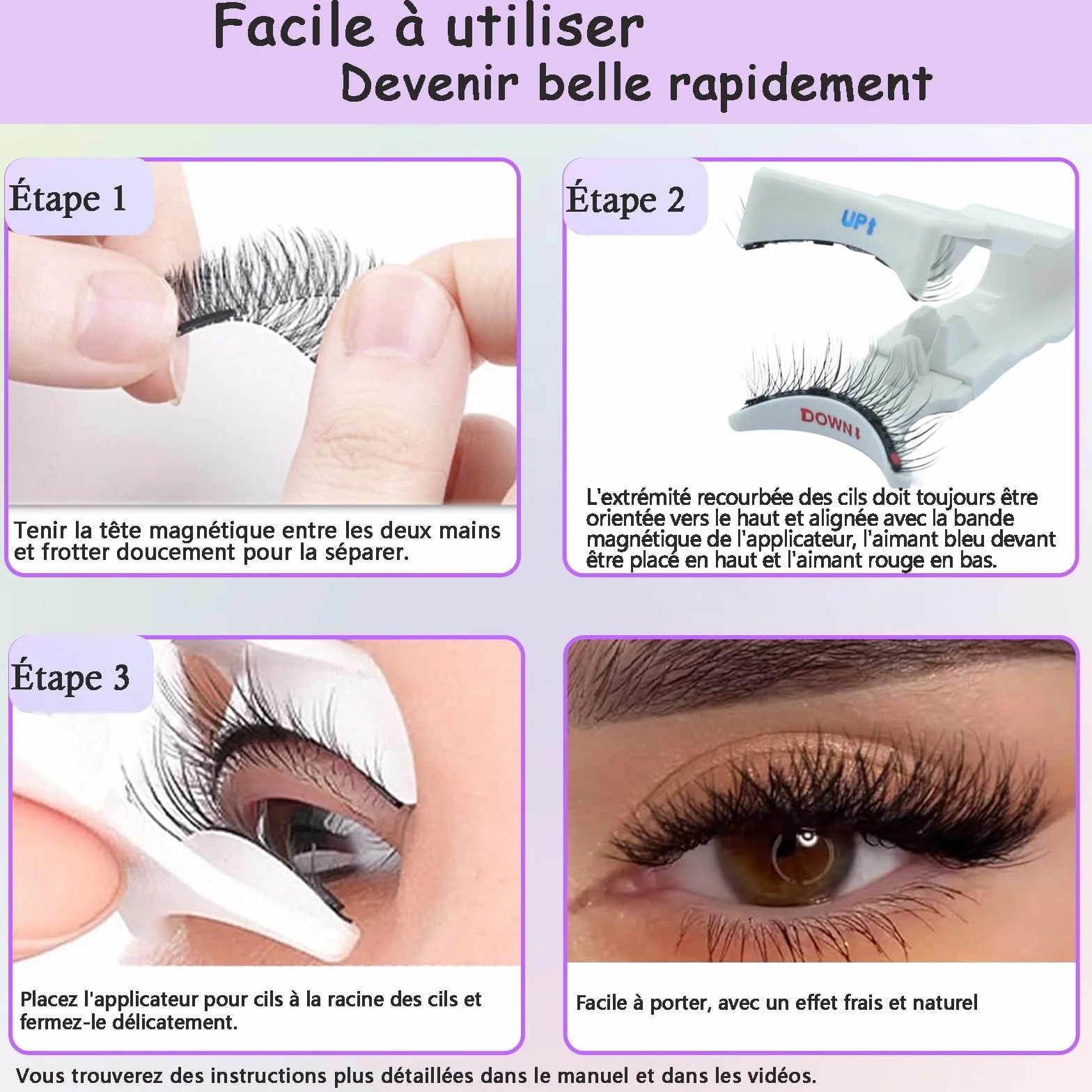 Faux Cils Magnétique 3 Paires Naturel 3D Waterproof Réutilisables avec Applicateur