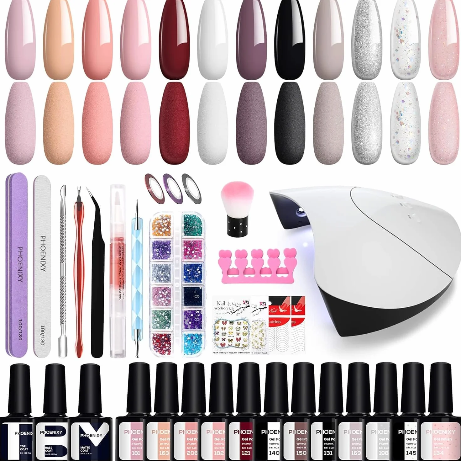 Kit Vernis Semi Permanent Phoenixy 12 Couleurs 8 ml avec Lampe UV 36W Base et Top Coat Complet
