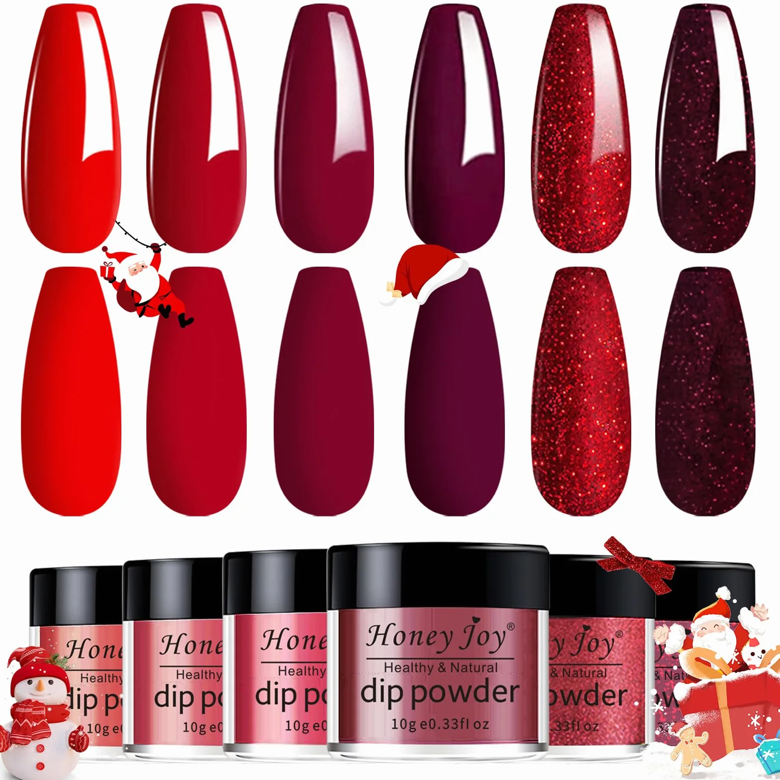 Honey Joy Lot de 6 boîtes Poudre de Trempage Rouge Vin Pailleté Rouge Grange Finition Uniforme Sans Lampe 10g