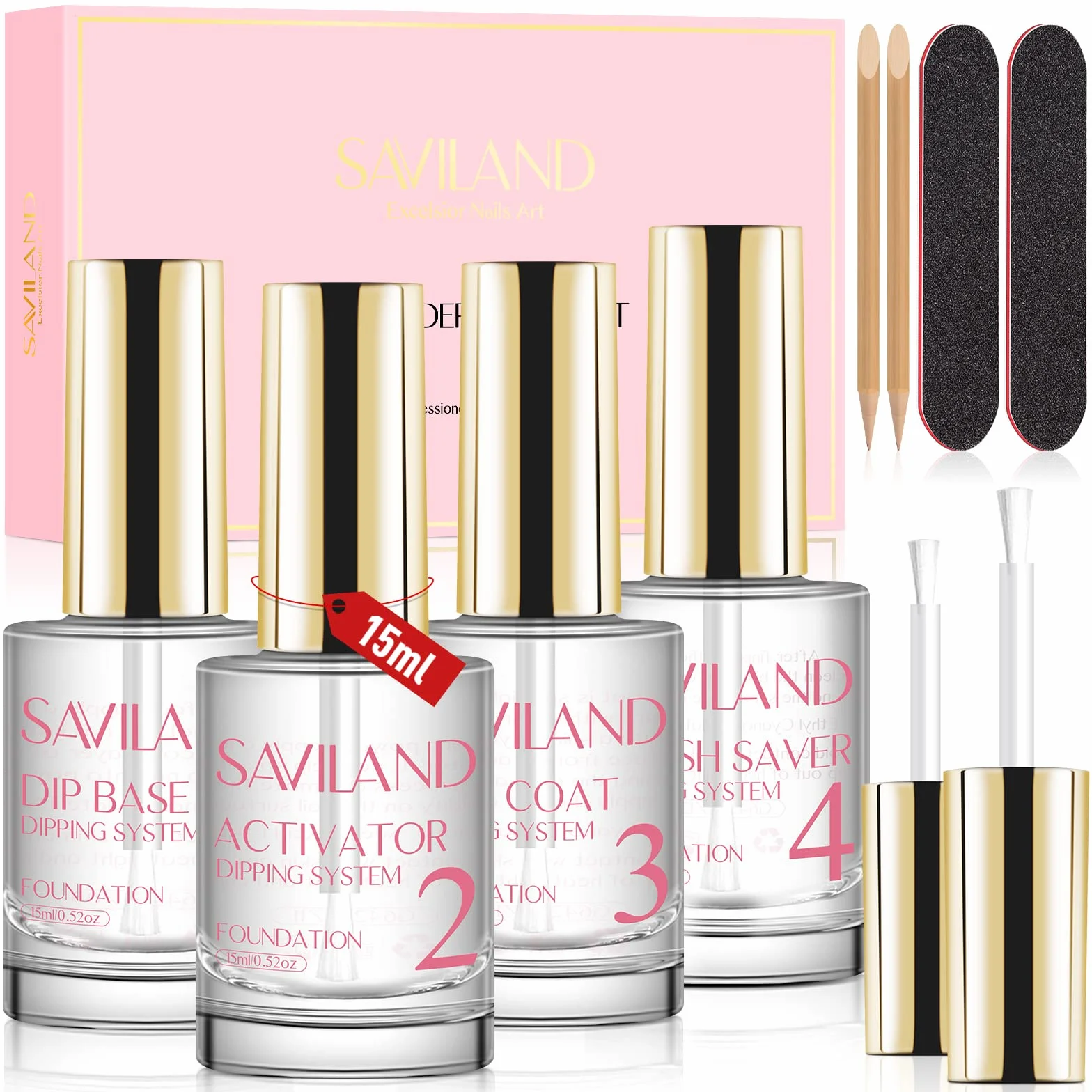 Saviland Kit Liquide de Tremper Complet 4x15ML Base et Top Coat Professionel pour Dip Powder