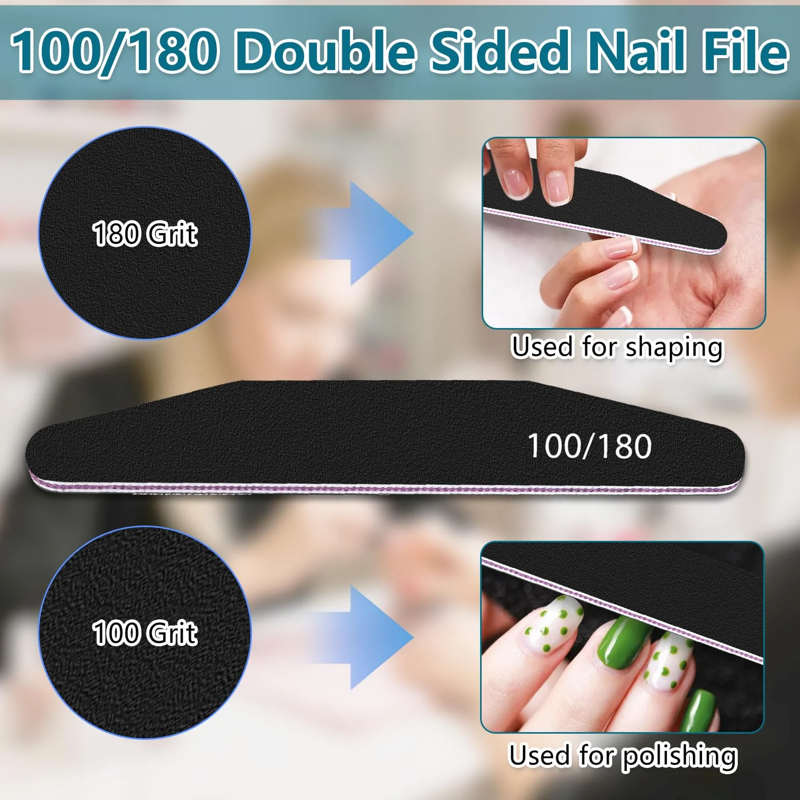 Lime à Ongles Professionnelle 100/180 Double Face 10pces Lavable Réutilisable Noir