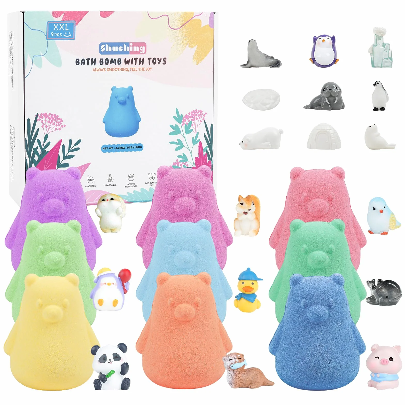 SHUCHING 9 XXL Boule de Bain Enfant avec Surprise, Coffret Bombe de Bain Ours Enfants Bio avec Jouets pour Garcons Filles Pâques Anniversaire