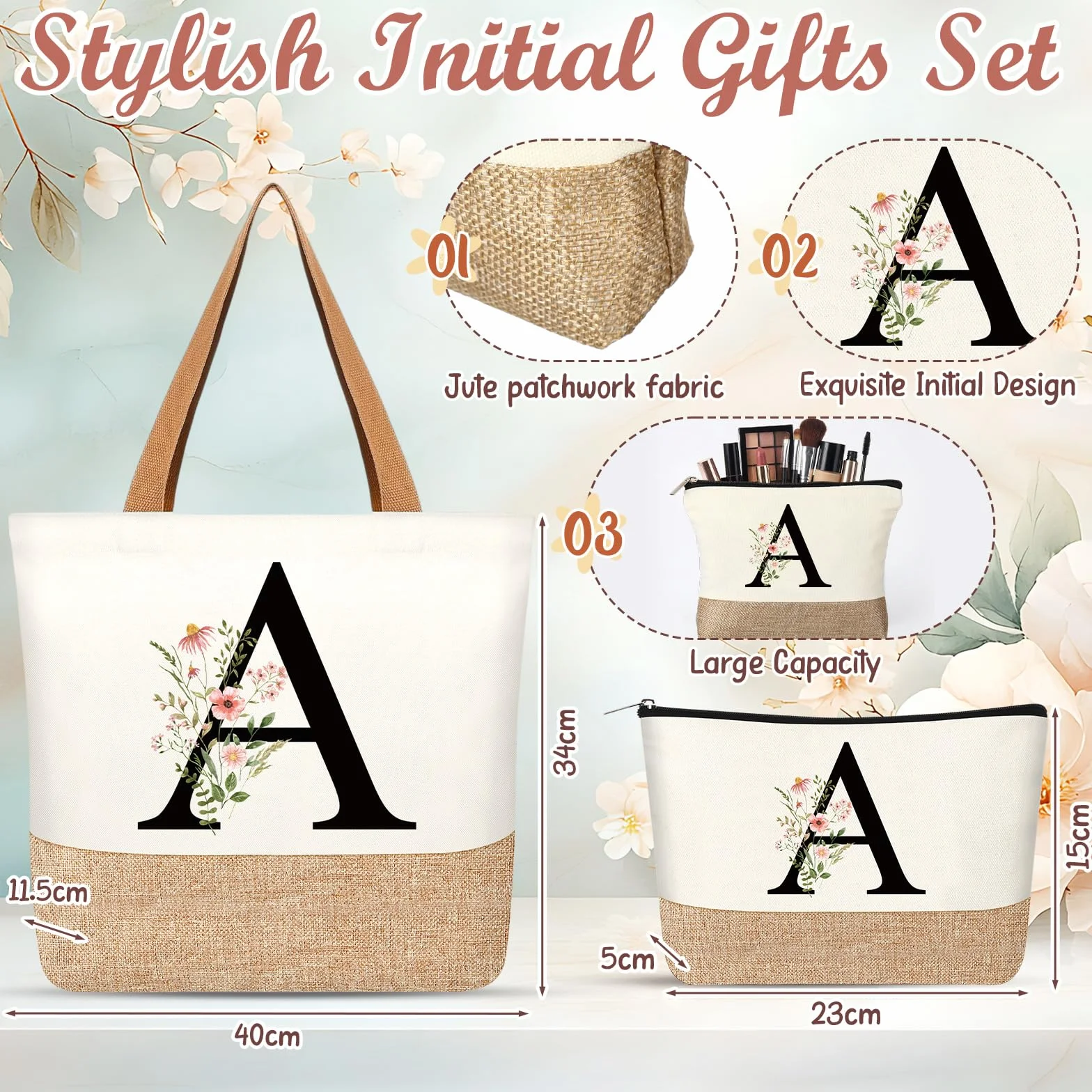 Hestya Set de 3 Cadeaux pour Femme Sac Fourre-Tout Personnalisé Initiale Trousse Maquillage Porte-Clés Lettre (Beige)