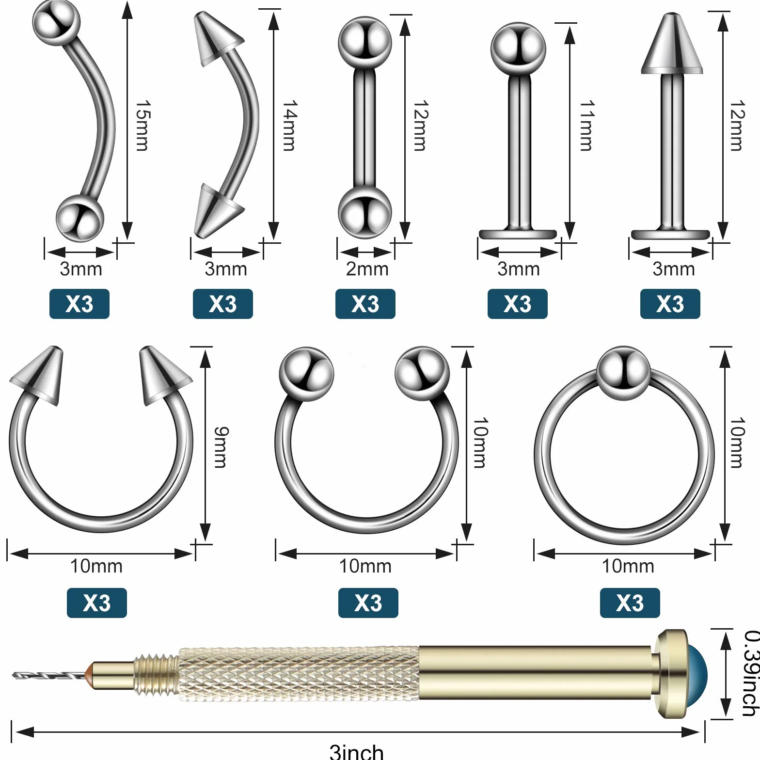 Breloques d'Art d'Ongle 25 Pièces avec Outil de Perçage Perceuse à Main en Argent pour Décor Acrylique et Gel