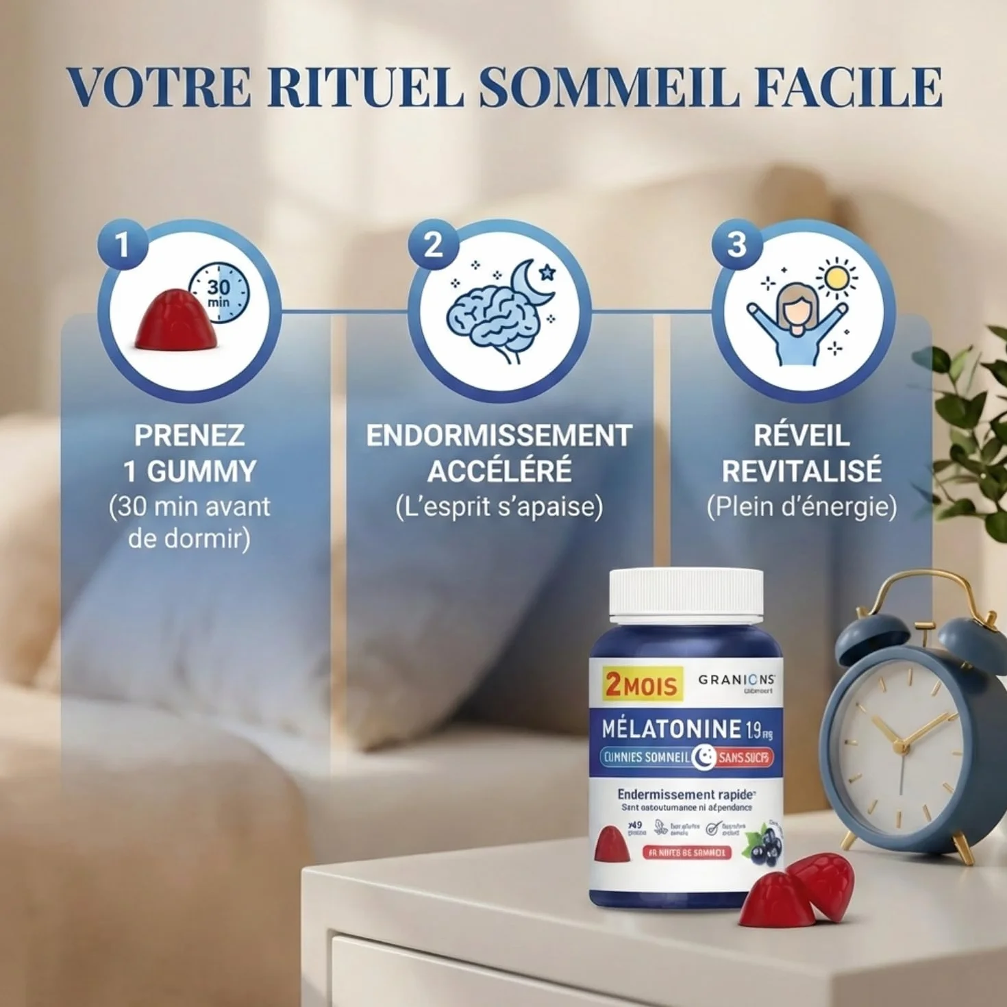 GRANIONS Gummies Sommeil Melatonine 1,9 mg Complément Alimentaire Adulte Vegan Sans Sucres 60 Gummies