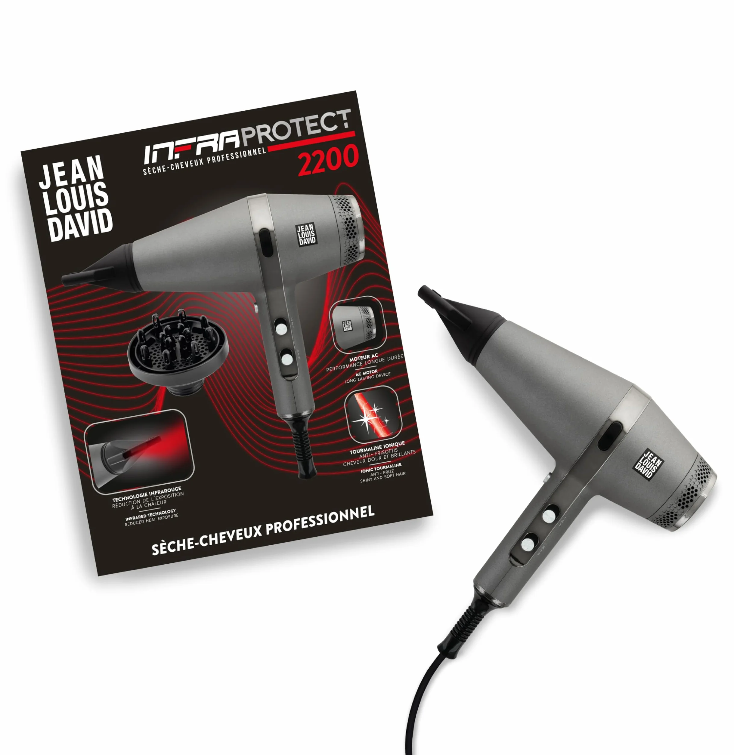Jean Louis David - Sèche Cheveux Infraprotect 2200W - Technologie Infrarouge - Séchage Rapide, Appareil Professionnel 3 Températures, 2 Vitesses - Concentrateur Diffuseur Cheveux Brillants