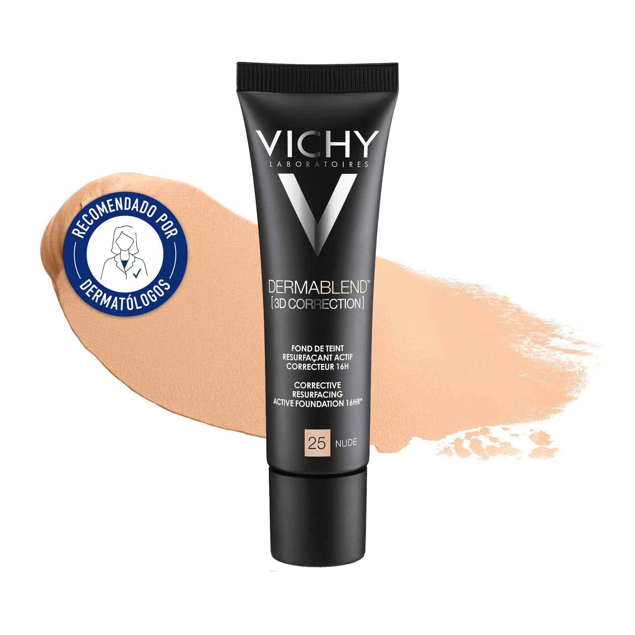 Vichy, Dermablend, Fond de Teint Resurfaçant 3D, Actif Correcteur, Longue Tenue 16H, Haute Couvrance, SPF 25, Adapté aux Peaux Sensibles, Teinte : Nude 25, 30 ml
