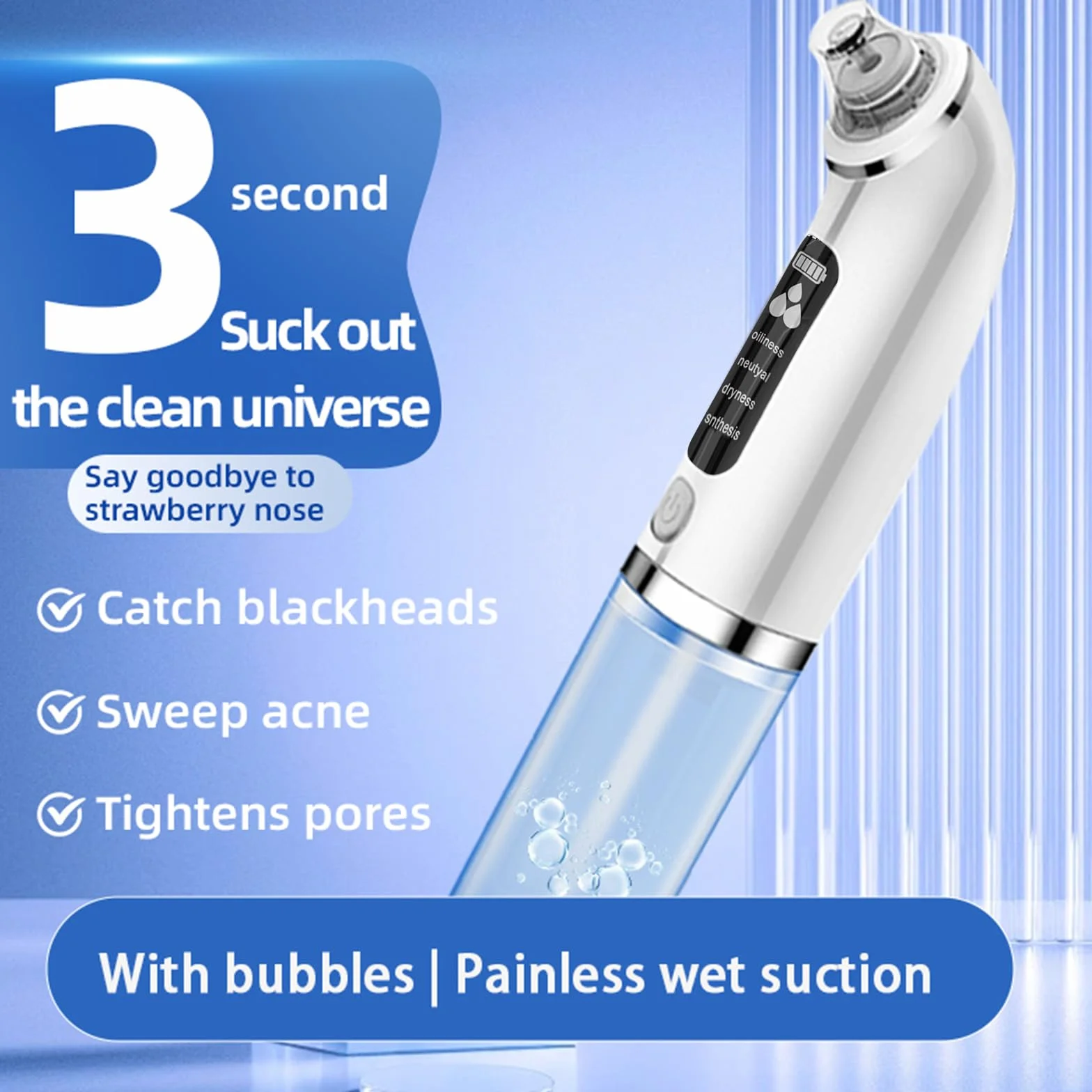 Aspirateur Pour Points Noirs, Extracteur Points Noirs Visage pour le Nettoyage du Visage, Traitement de l'acné et Soins de la Peau, 4 Modes, 6 Sondes et Réservoir d'eau Visible, Rechargeable-Blanc