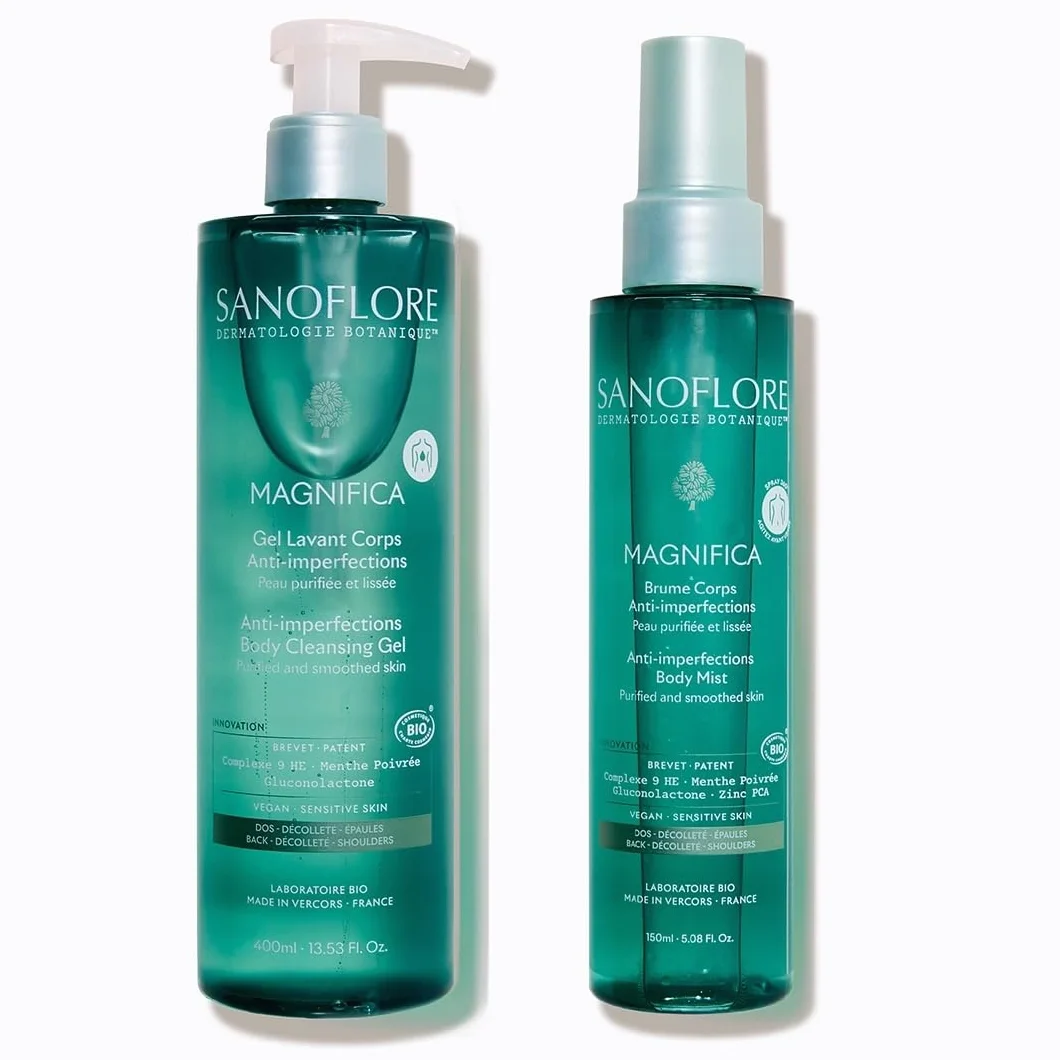 SANOFLORE MAGNIFICA Duo Corps Anti-Imperfections Bio – Gel Lavant 400ml + Brume Corps 150ml – Purifie, Lisse & Hydrate - Dos, Décolleté & Fesses – PHA & 9 Huiles Essentielles Bio – Vegan