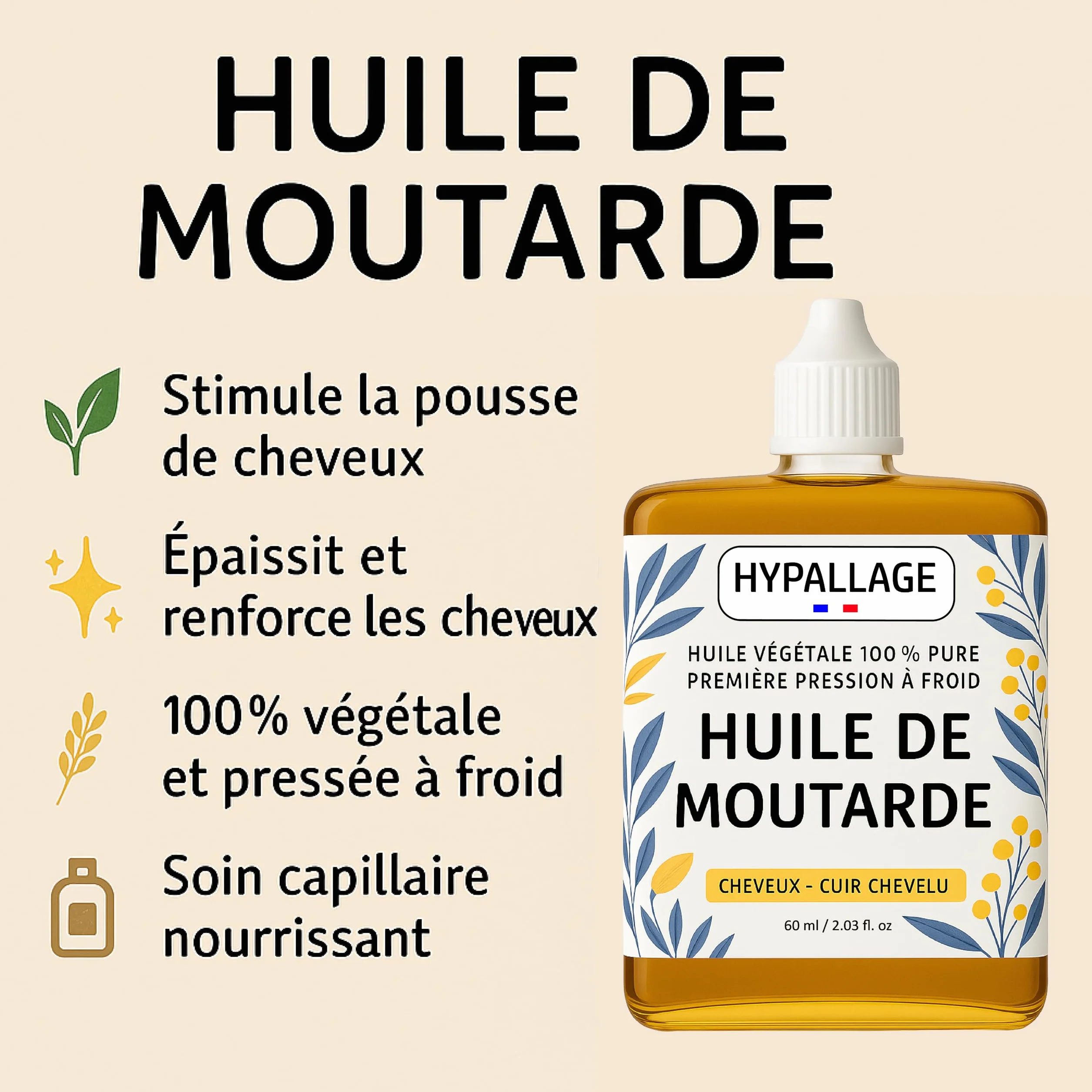 Huile de Moutarde Pousse Cheveux Soin Capillaire Nourrissant 60ml
