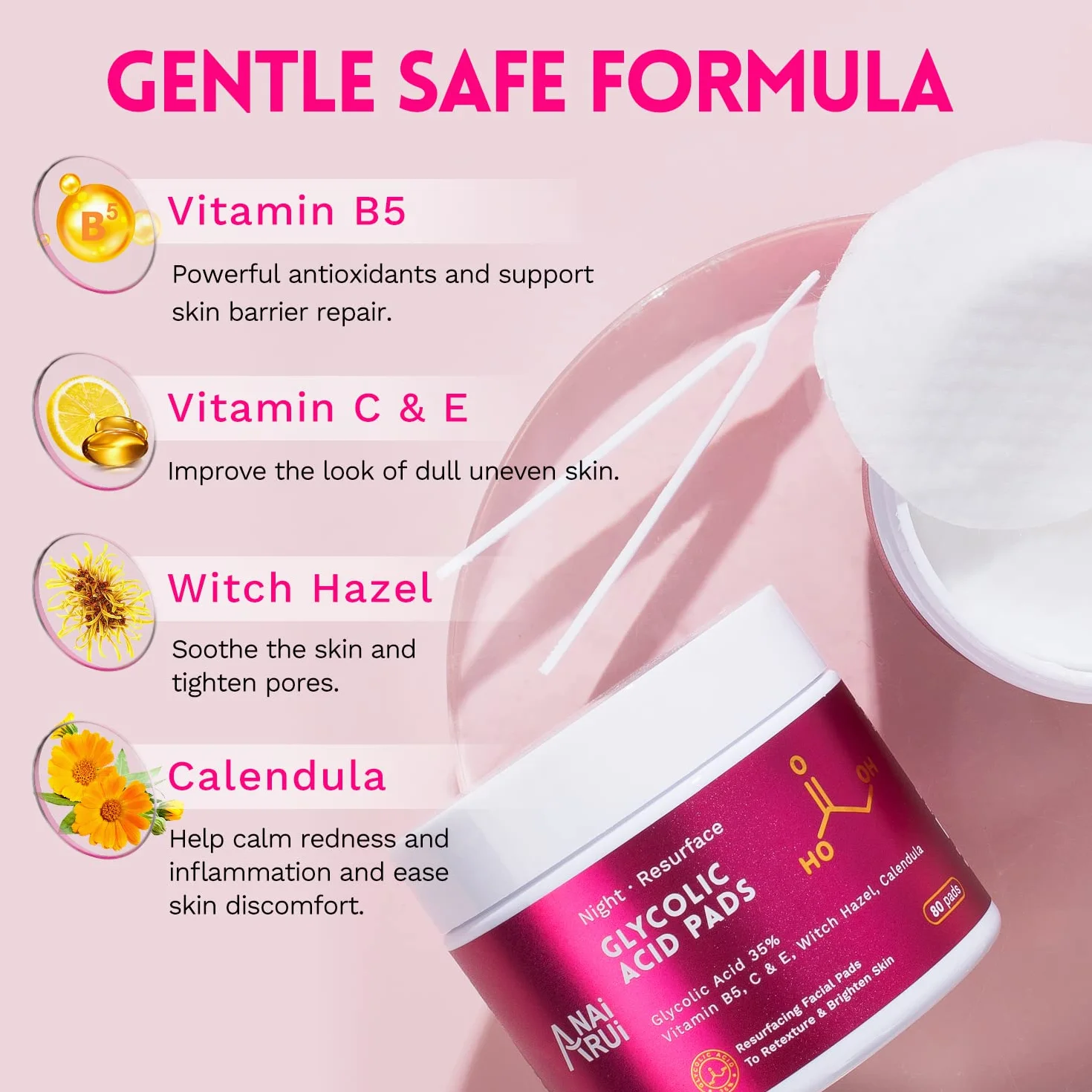 Coussinets Exfoliants AHA à l'Acide Glycolique pour le Visage, 80 Pièces avec Vitamines B5, C & E