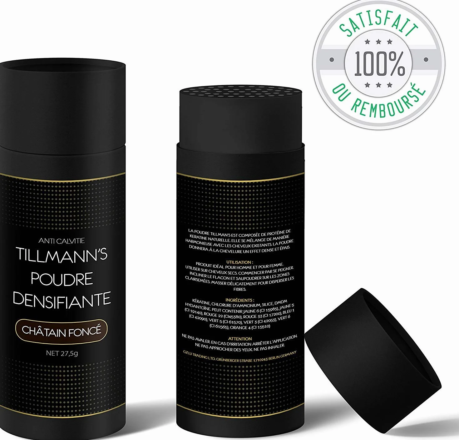 Tillmann's Poudre Cheveux Homme et Femme - Poudre Densifiante Barbe | Fibres Capillaires 27,5G - Châtain Foncé-Brun (2 Bouteilles)