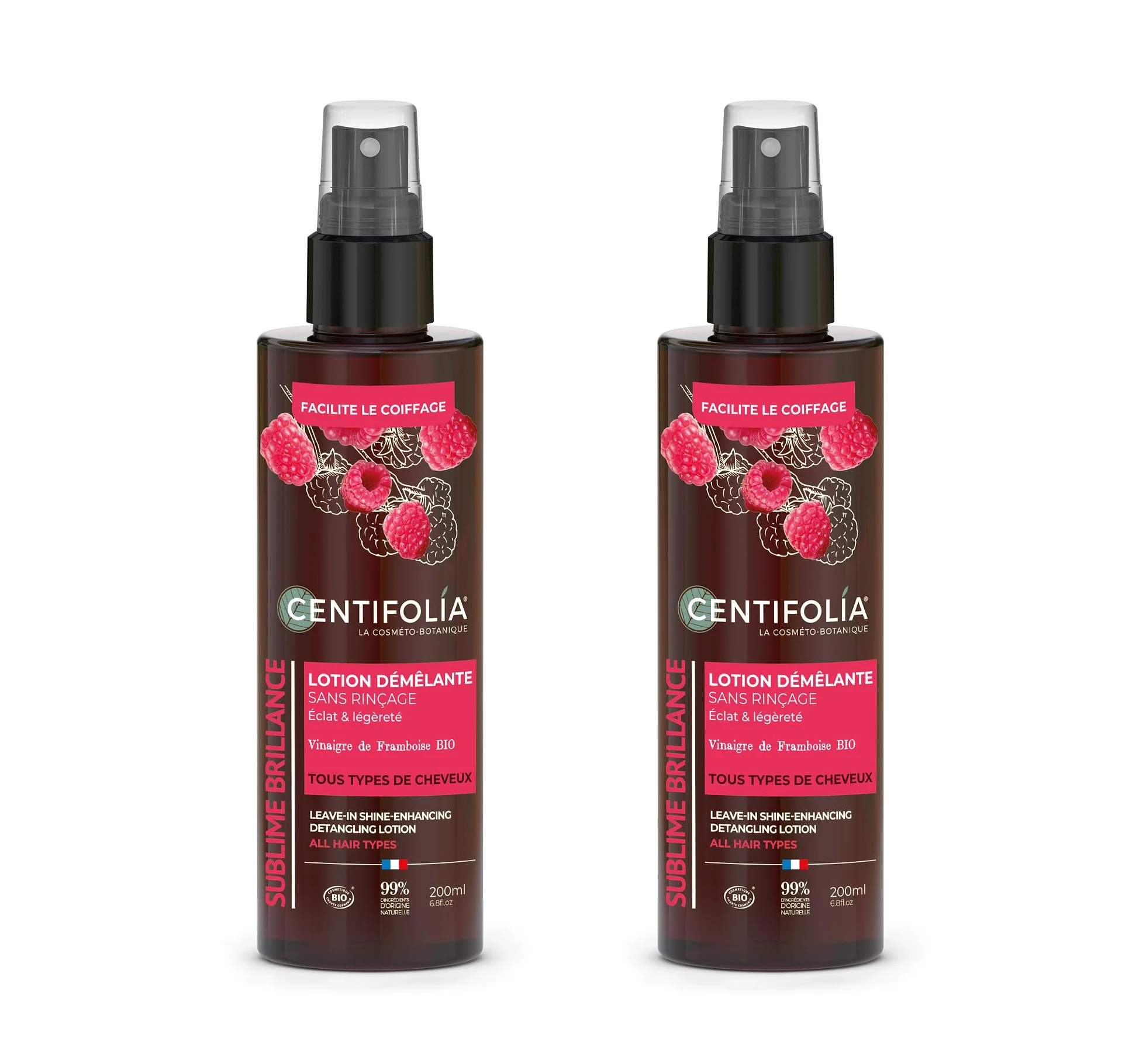 CENTIFOLIA Lotion Démêlante Sans Rinçage Sublime Brillance Cheveux Brillants Souples Vinaigre Framboise Bio 99% Naturelle Lot 2x200 mL