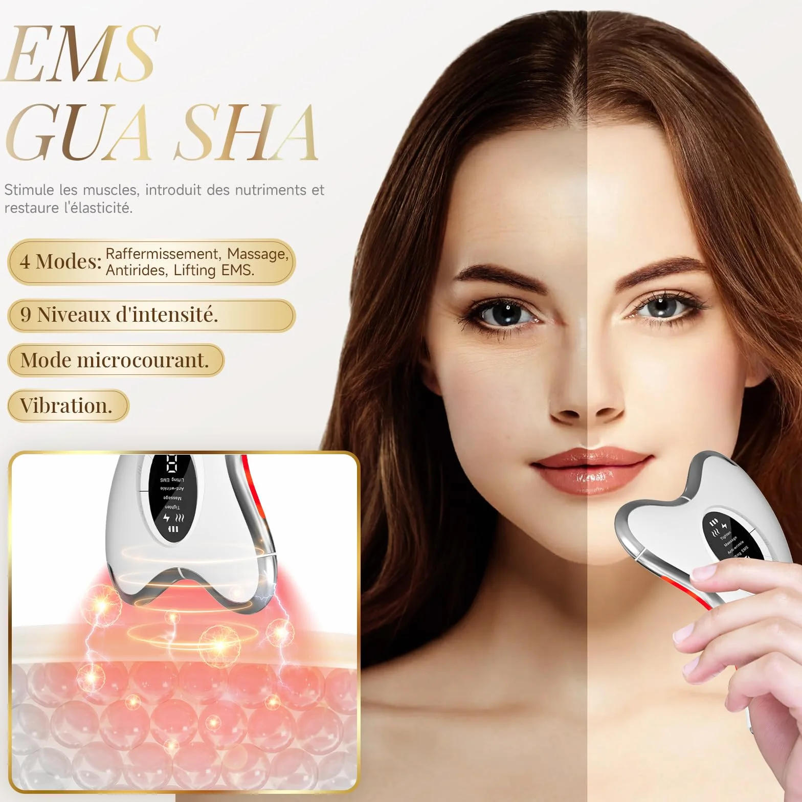 Profey Gua Sha EMS - Appareil de Massage Visage avec Chaleur 45℃, Vibration, Lifting EMS 9 Niveaux, 4 Modes, LED Bleu/Jaune/Rouge - Anti-Vieillissement et Anti-Rides