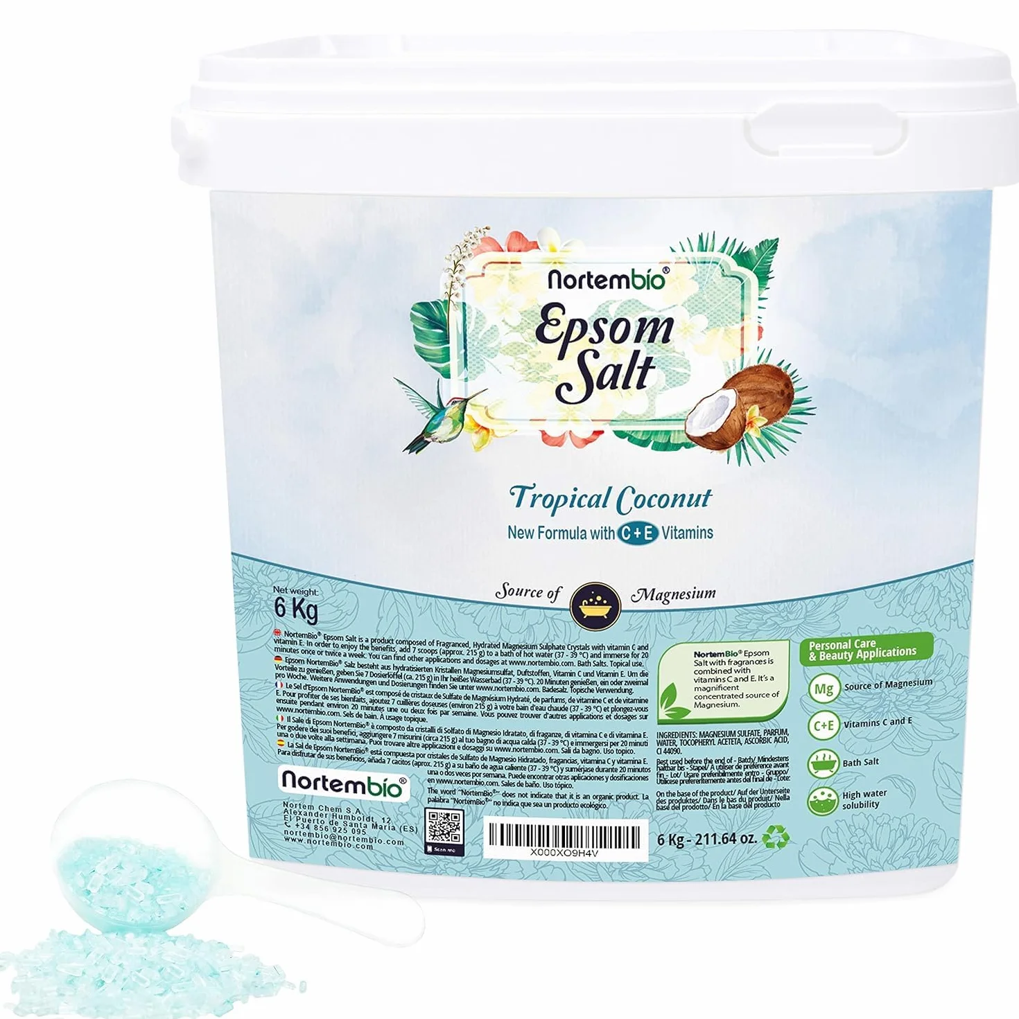 Nortembio Sels d'Epsom Parfumés 6 kg Sel de Bain au Magnésium, Vitamines C & E | Bain de Pieds, Spa Maison, Relaxation et Bien-être | Parfum au Choix + eBook Gratuit (Noix de Coco Tropicale)