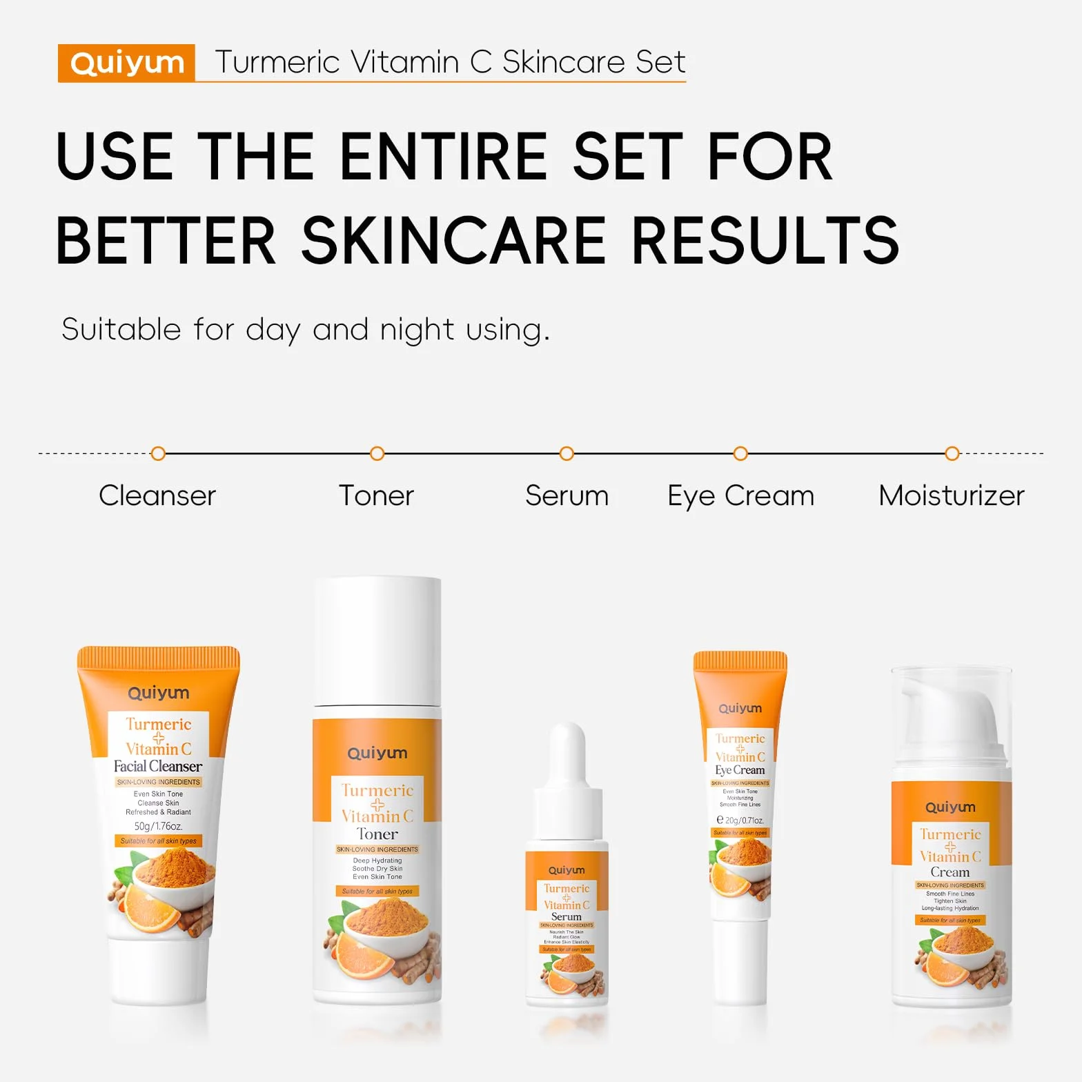 QUIYUM Coffret Soins Visage Curcuma Vitamine C 5 Pièces Hydratant Nettoyant Toner Crème Yeux Essence