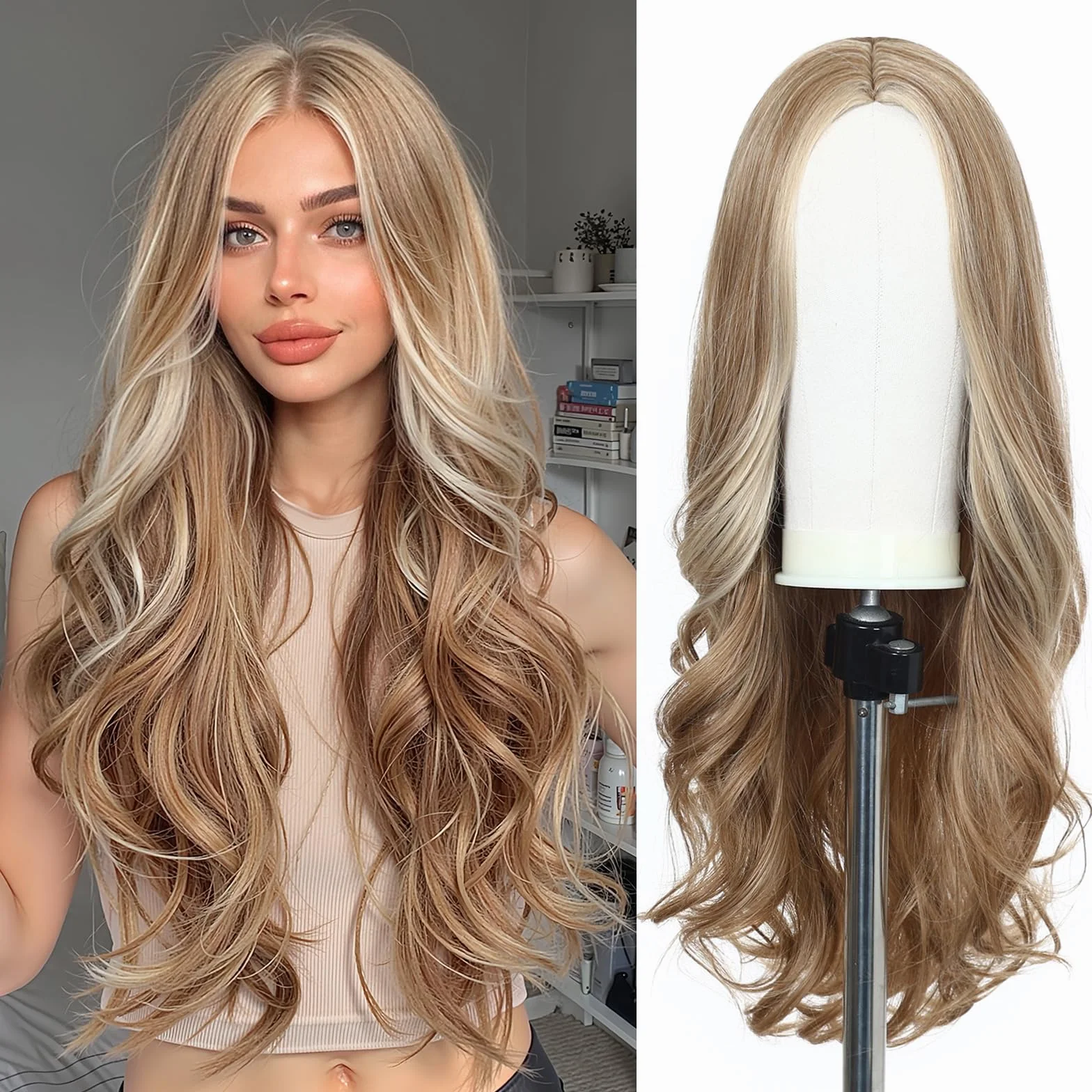 Esmee 24 Pouces Longs Cheveux Synthétiques Bouclés Perruques pour Femmes Raie Moyenne Blonde