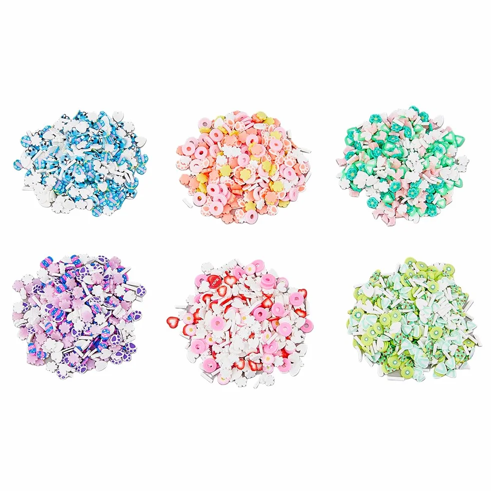 SUPERFINDINGS 150G 6 Style Couleurs Mini 3D Fimo Tranches Slimes Fruits Fleurs Tranches pour Slime Assortiment de Tranches de Slime en Argile Polymère Coeur Ours en Vrac Tranches d'argile Fimo