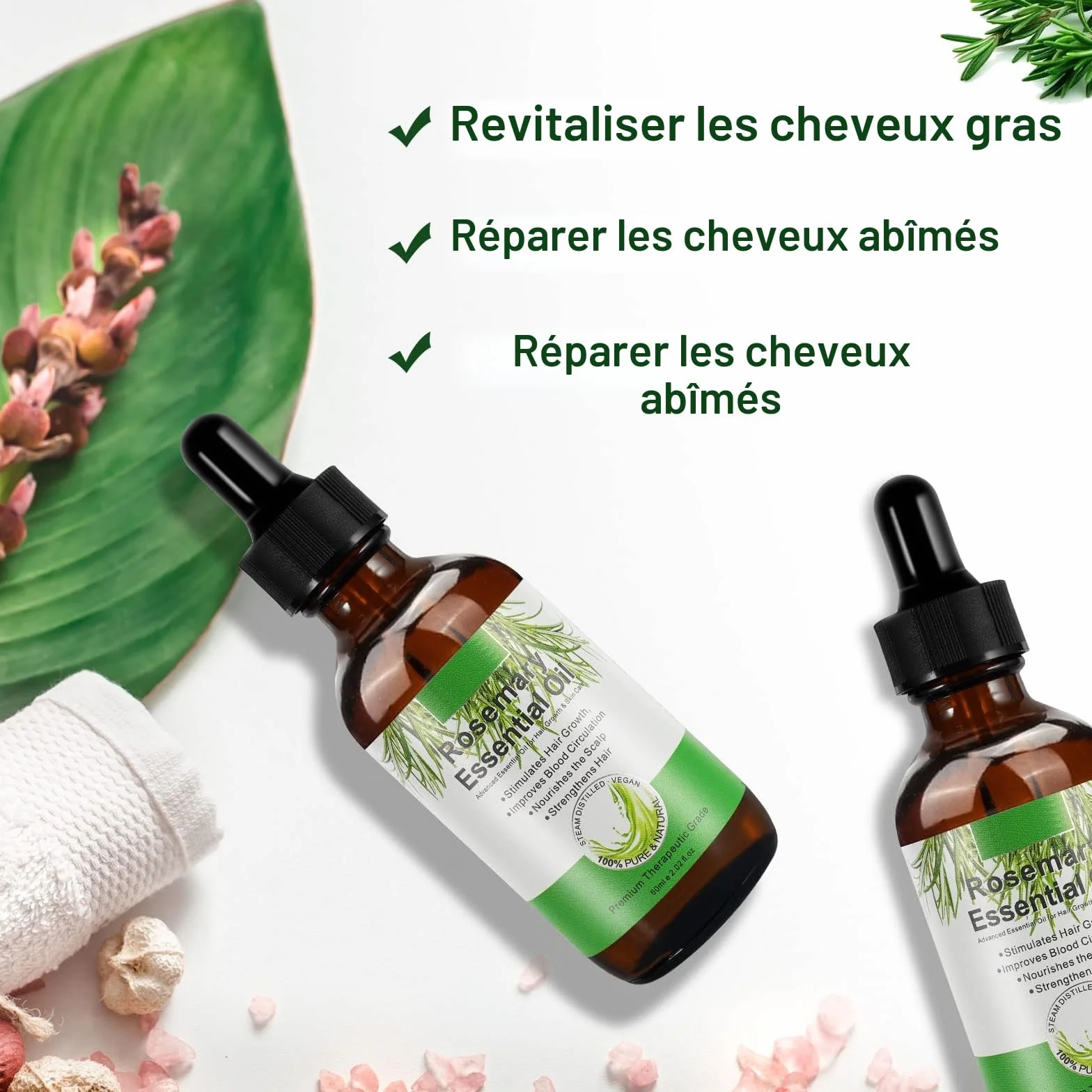 Huile Essentielle de Romarin 100% Pure pour Croissance des Cheveux et Soins de la Peau 60ml (Pack de 2)