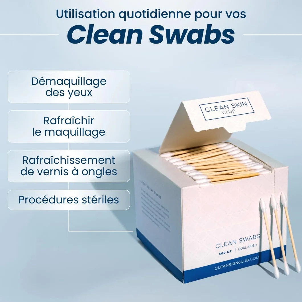 CLEAN SKIN CLUB Écouvillons Propres 500CT Biodégradable Coton Bio Bambou Maquillage Retouches Vernis à Ongles Hypoallergénique