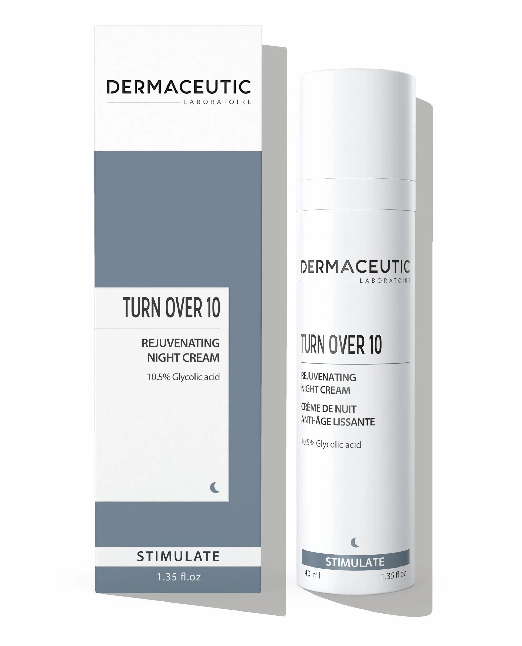 Turn Over 10 | Crème de Nuit Anti-Âge | 10,5% de Solution d'Acide Glycolique AHA | Exfoliant Visage Anti-Rides & Taches, Imperfections & Impuretés | Soin Lissant & Purifiant | 40ml | Dermaceutic