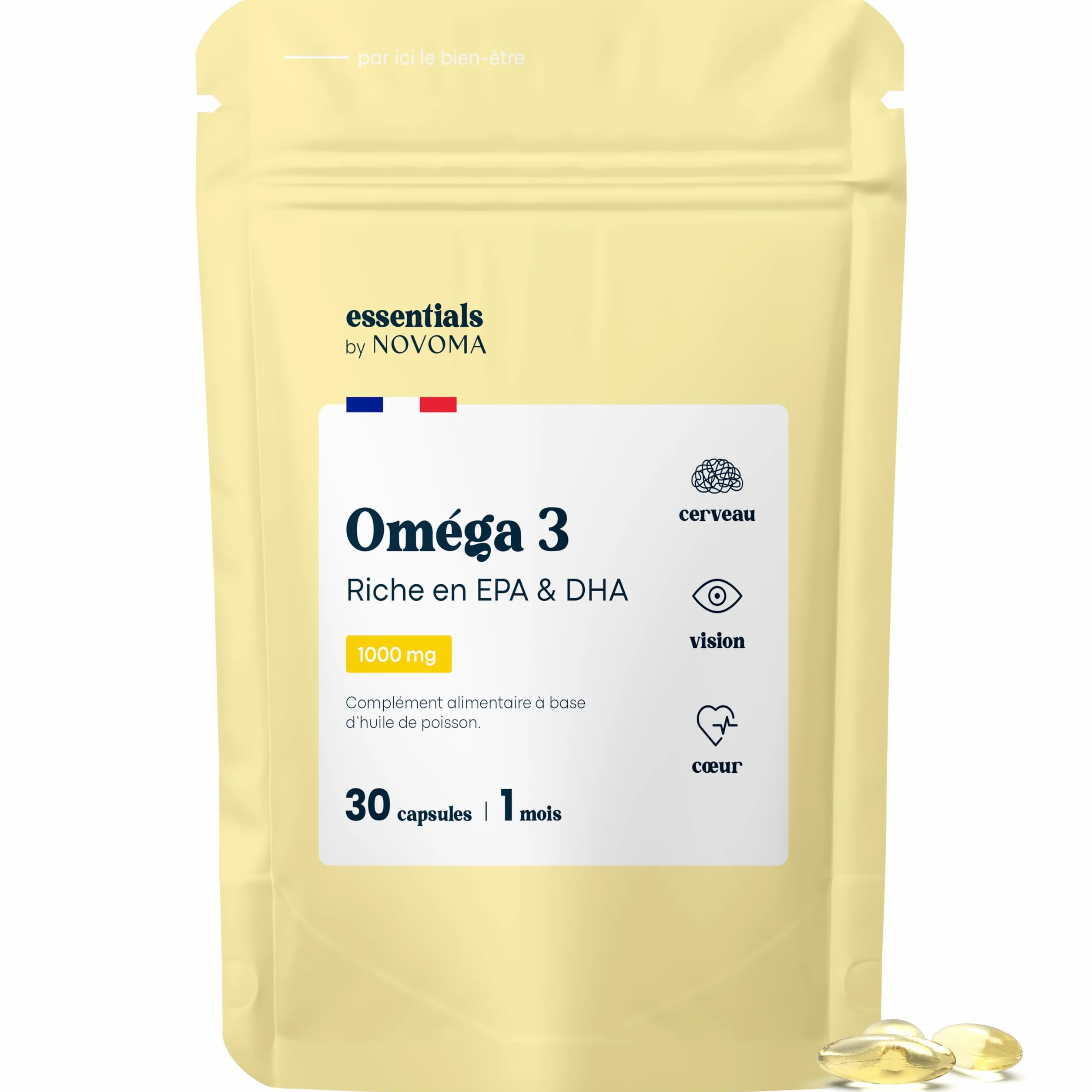 Essentials by Novoma Omega 3 EPA DHA 1000 mg 30 Capsules Huile Poisson Sauvage Cœur Cerveau Vision