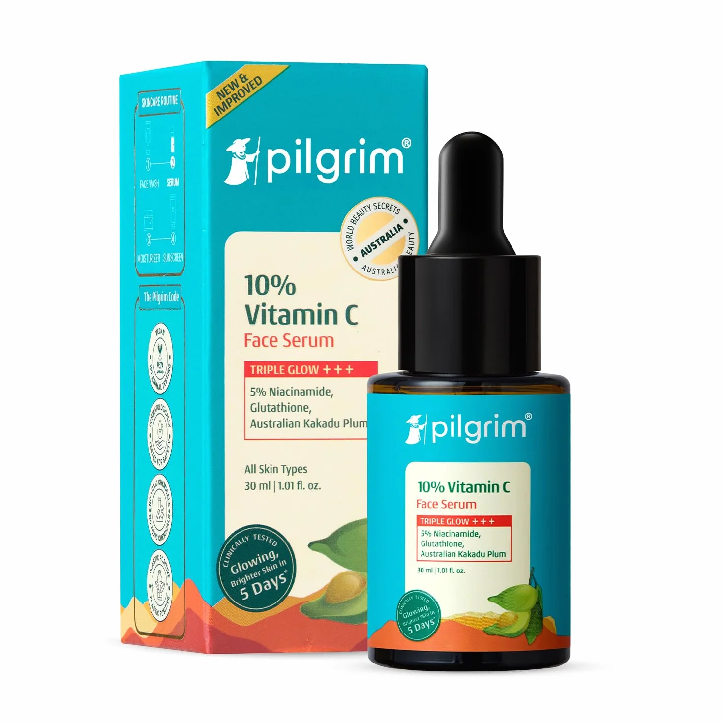 Pilgrim Sérum à 10 % de vitamine C 30 ml pour une peau éclatante | Avec 5 % de niacinamide, acide hyaluronique et glycolique | estompe les taches brunes, la pigmentation | Pour tous, peaux grasses