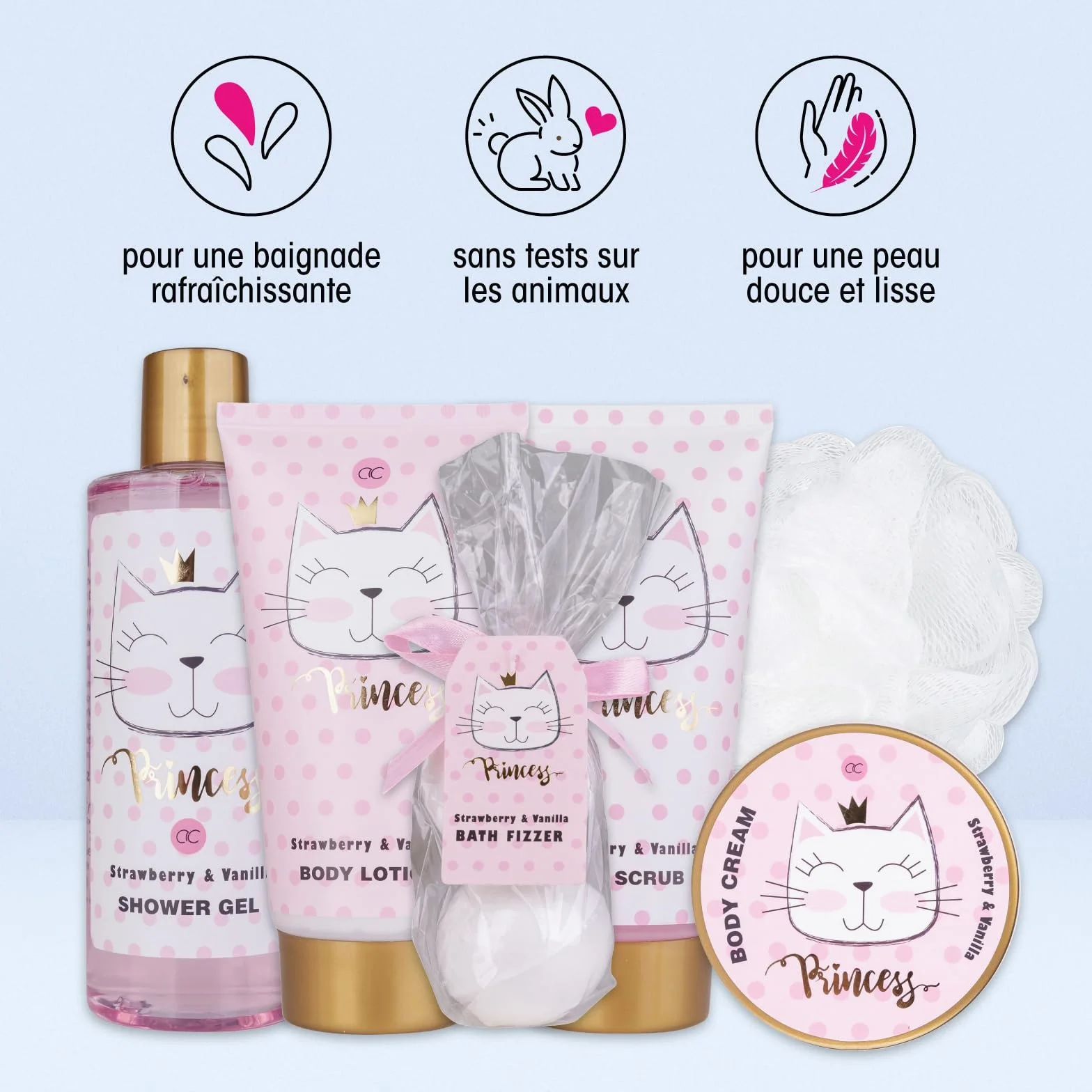 Accentra Coffret cadeau PRINCESS KITTY, coffret cadeau fille avec 250 ml gel douche, 180 ml lait corps, 180 ml gommage corps, 60 ml crème corps, 2 x 40 g bombe de bain, joli panier rose à offrir