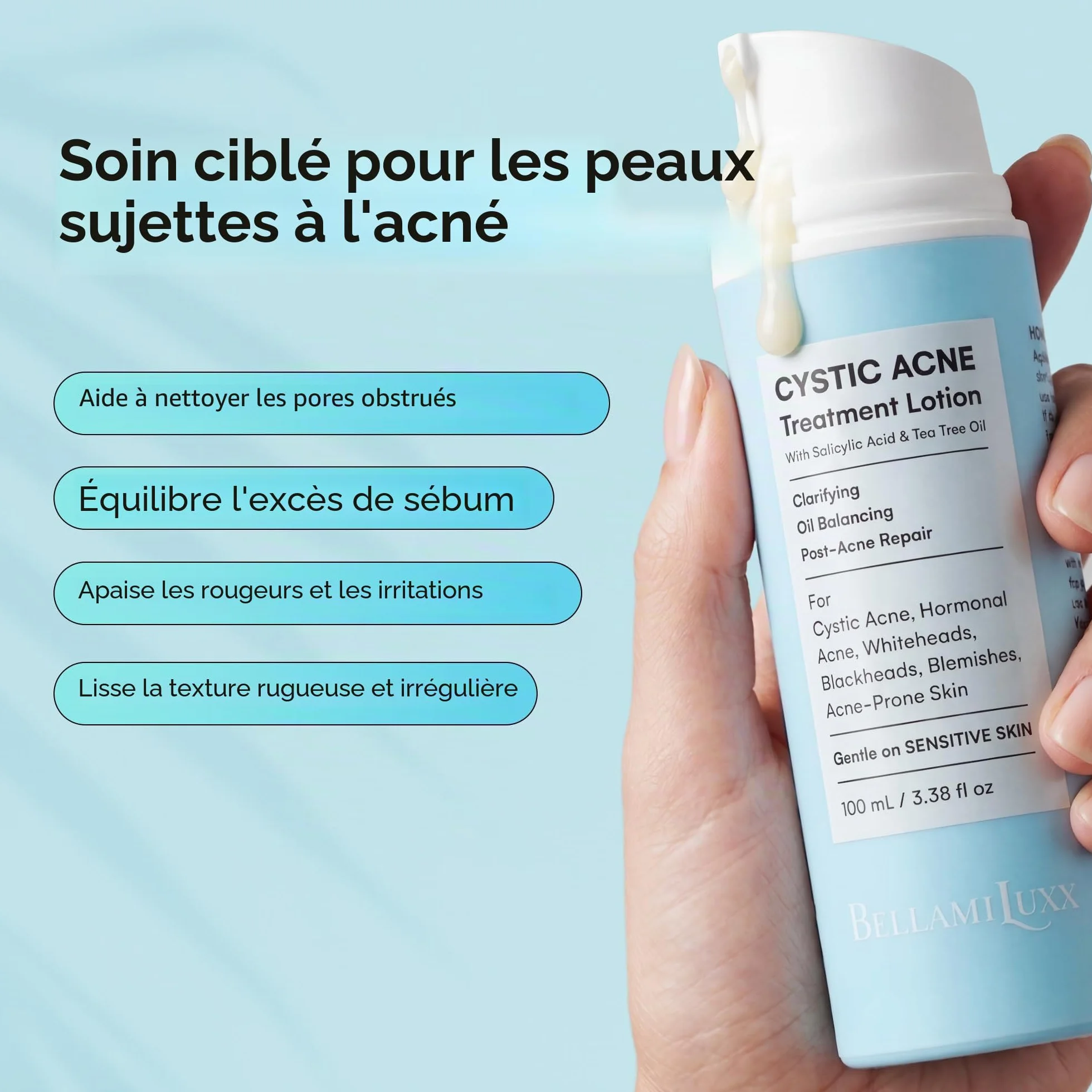 BellamiLuxx Traitement cystique de l'acné pour le visage : crème de traitement de l'acné hormonal pour adolescents et adultes - Acide salicylique et huile d'arbre à thé - Anti-acné hydratant réduit