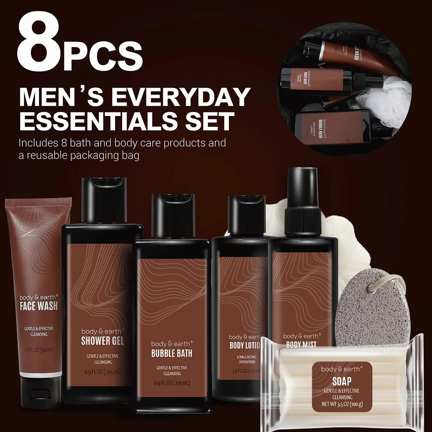 Coffret Cadeau Soin Homme 8 Pièces Gel Douche Bain Moussant Gommage Nettoyant Visage Sel de Bain Lotion Corporelle Parfum Bois de Santal