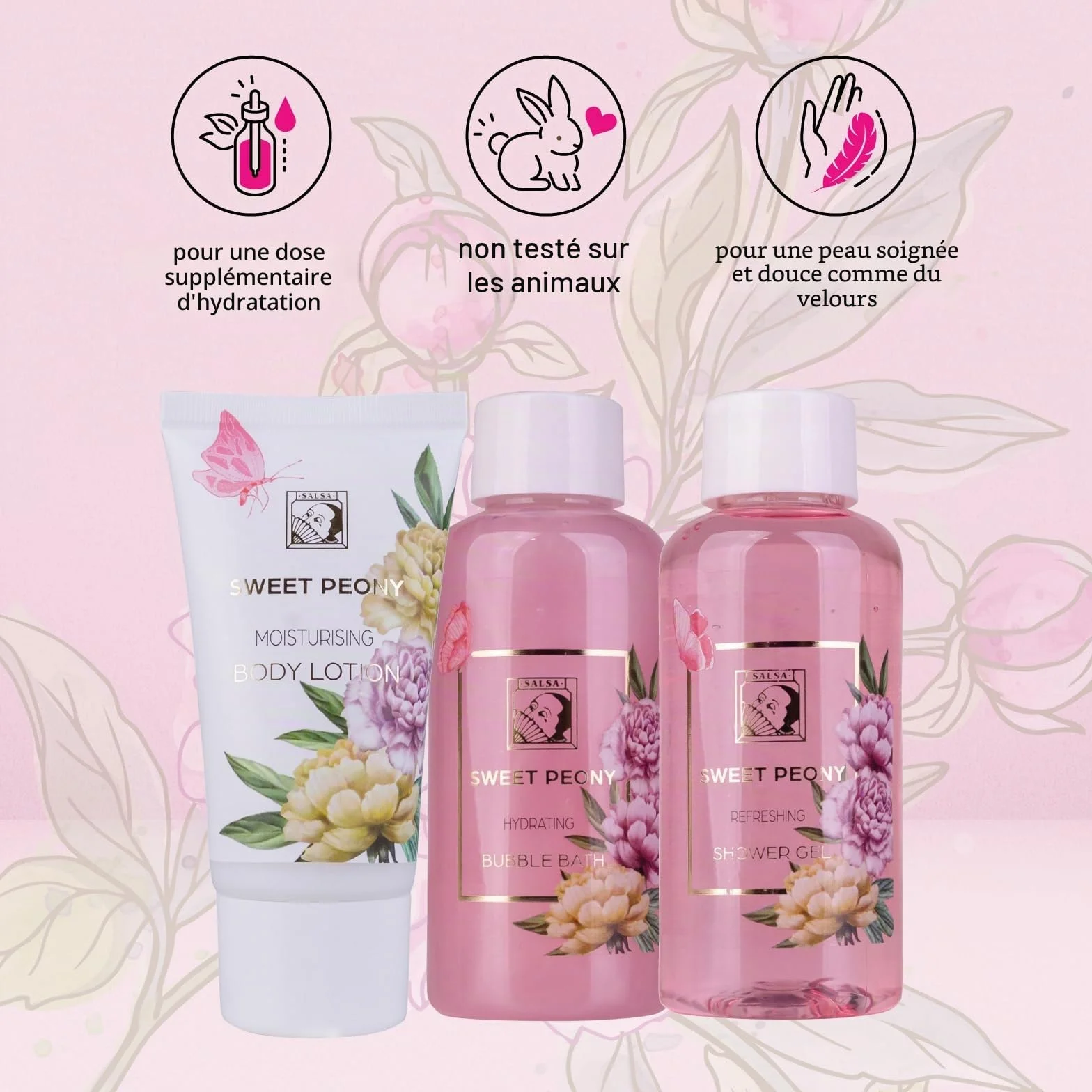 Accentra Set de douche SWEET PEONY 3 pièces gel douche lotion bain moussant boîte cadeau