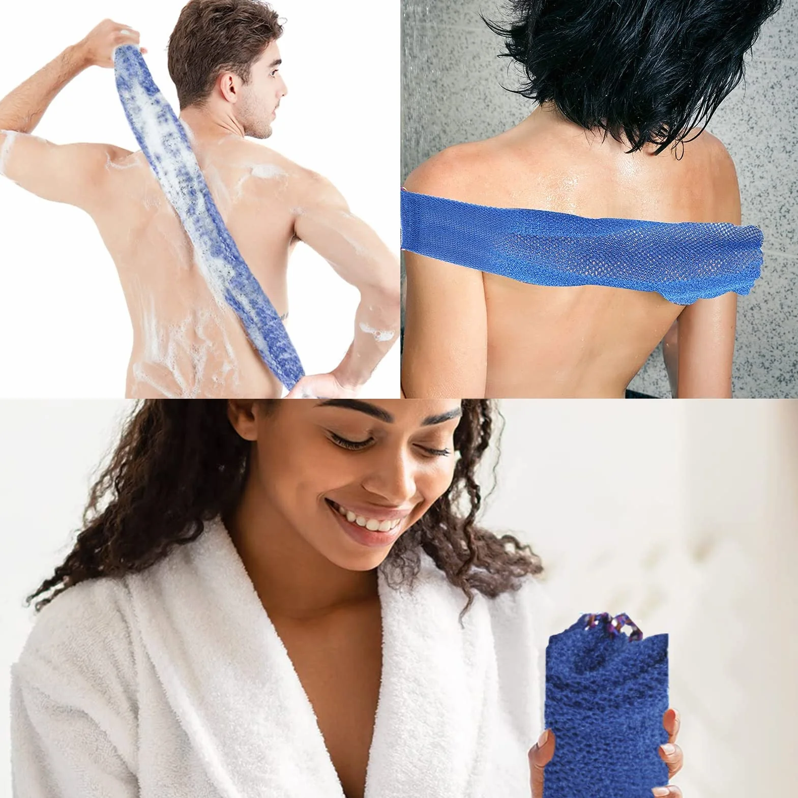 Filet de Bain éponge Exfoliante Gommage Corps 3 Pcs Doux Durable Bleu Violet Marron