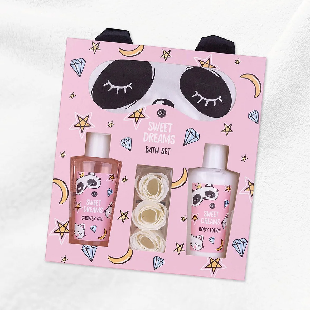 Coffret beauté Sweet Dreams masque de sommeil panda gel douche lotion corps confettis bain rose