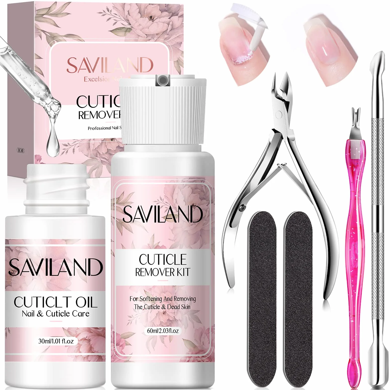 Saviland Dissolvant pour Cuticule 60 ml + Huile pour Cuticule 30 ml, Ramollit les Cuticules, Elimine Cellules Mortes