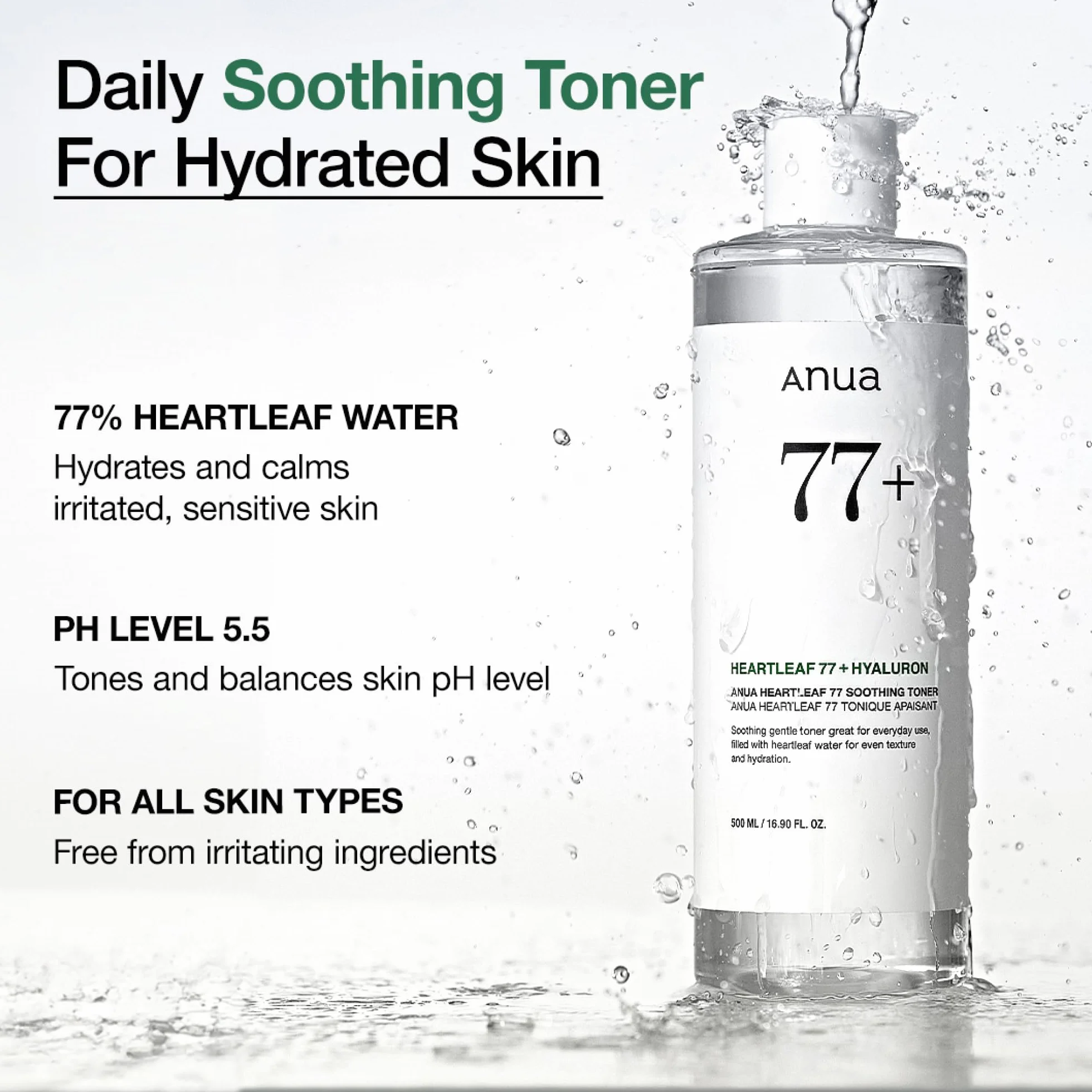 ANUA Heartleaf 77% Tonique apaisant I pH 5,5 Soin des problèmes, apaisant la peau, rafraîchissant, hydratant, purifiant, sans cruauté envers les animaux, végétalien, (250 ml / 8,45 fl.oz.)