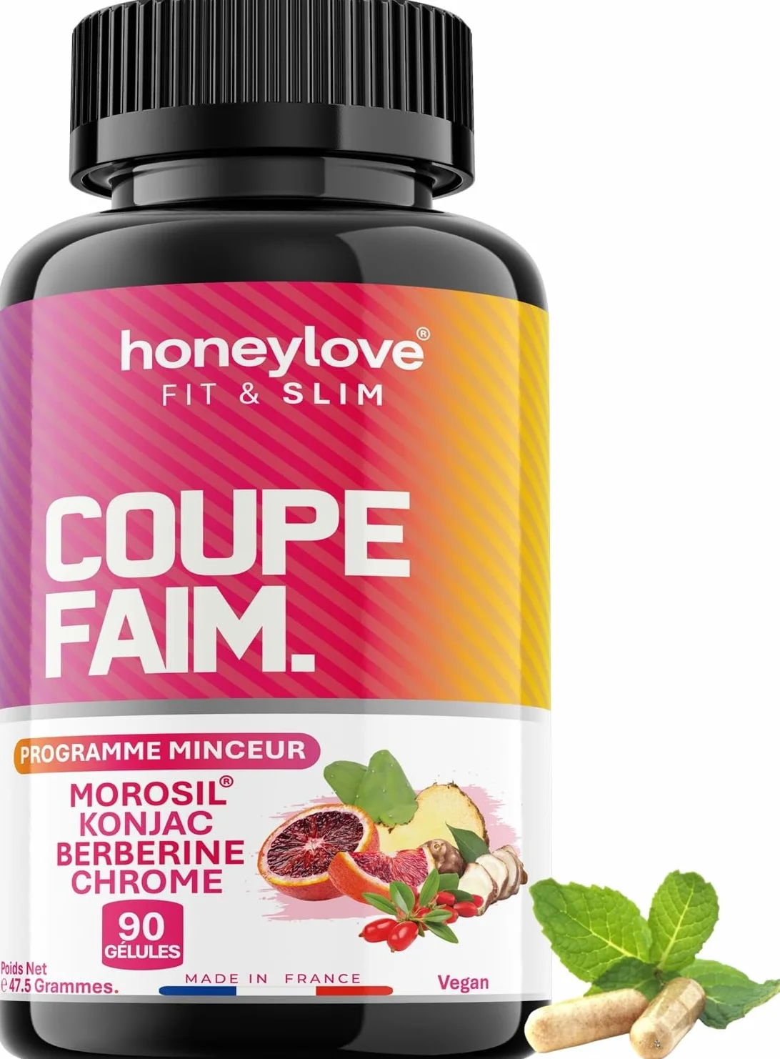 Coupe Faim Puissant Konjac Morosil Berbérine Chrome 90 Gélules Anti-Fringales Gestion Appétit Minceur Perte de Poids Naturel Vegan