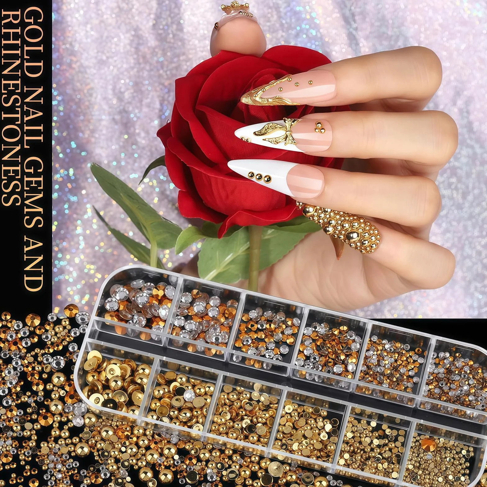 Ensemble de Bijoux Ongles Gold Nail Charms, Lot de 4 Pierres à Ongles, Kit Accessoires Nail Art