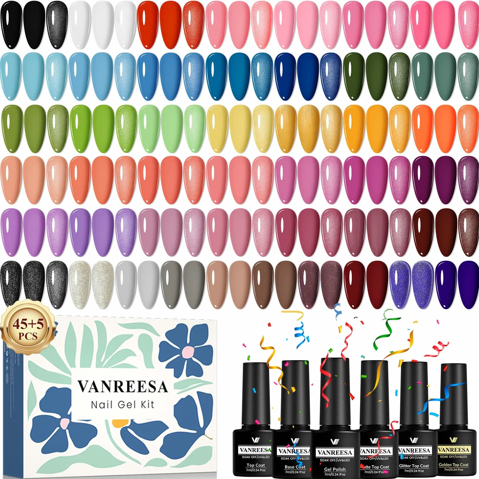 VANREESA 50 Pièces Vernis Semi Permanent, 45 Couleurs Vernis Gel U V Semi Permanent avec Base Coat et 4 Top Coats Brillant Mat Pailleté, Vernis à Ongles Noir Blanc Rouge, pour Manucure DIY à Domicile