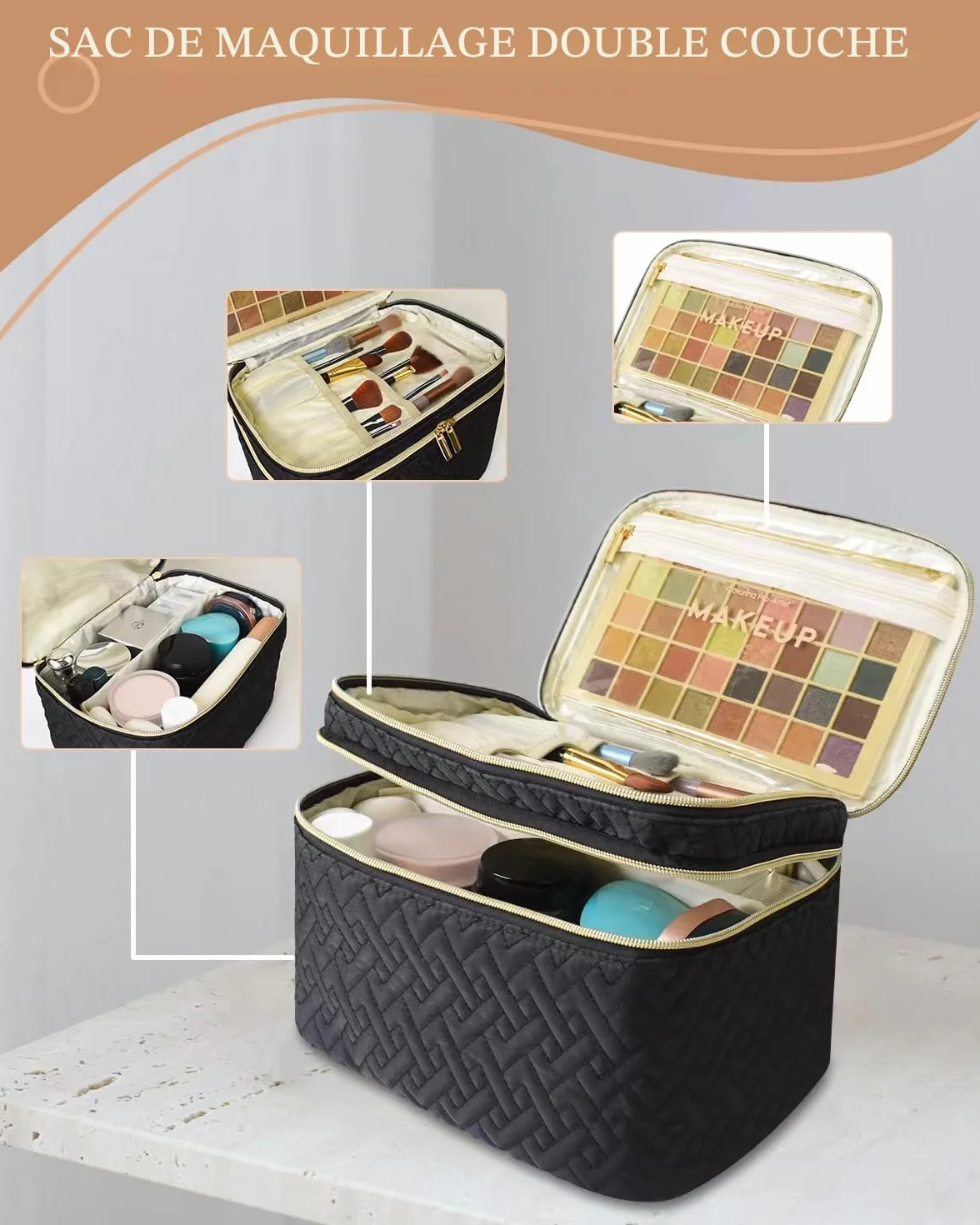 Trousse de Toilette Femme Grande Double Couche avec Compartiment à Pinceaux, Résistante à l'Eau, Noir