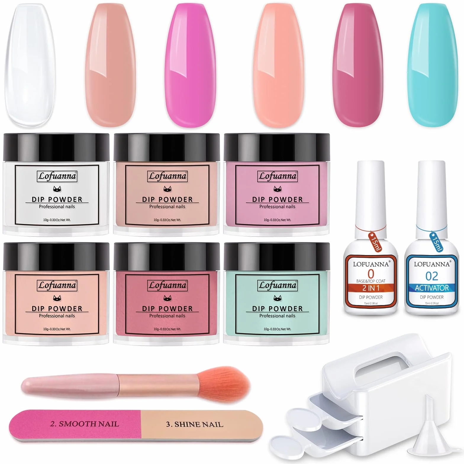 Kit de manucure en poudre de trempage pour ongles 6 couleurs - Poudre acrylique liquide avec base 2 en 1 activateur - Brosse à ongles - Plateau de recyclage