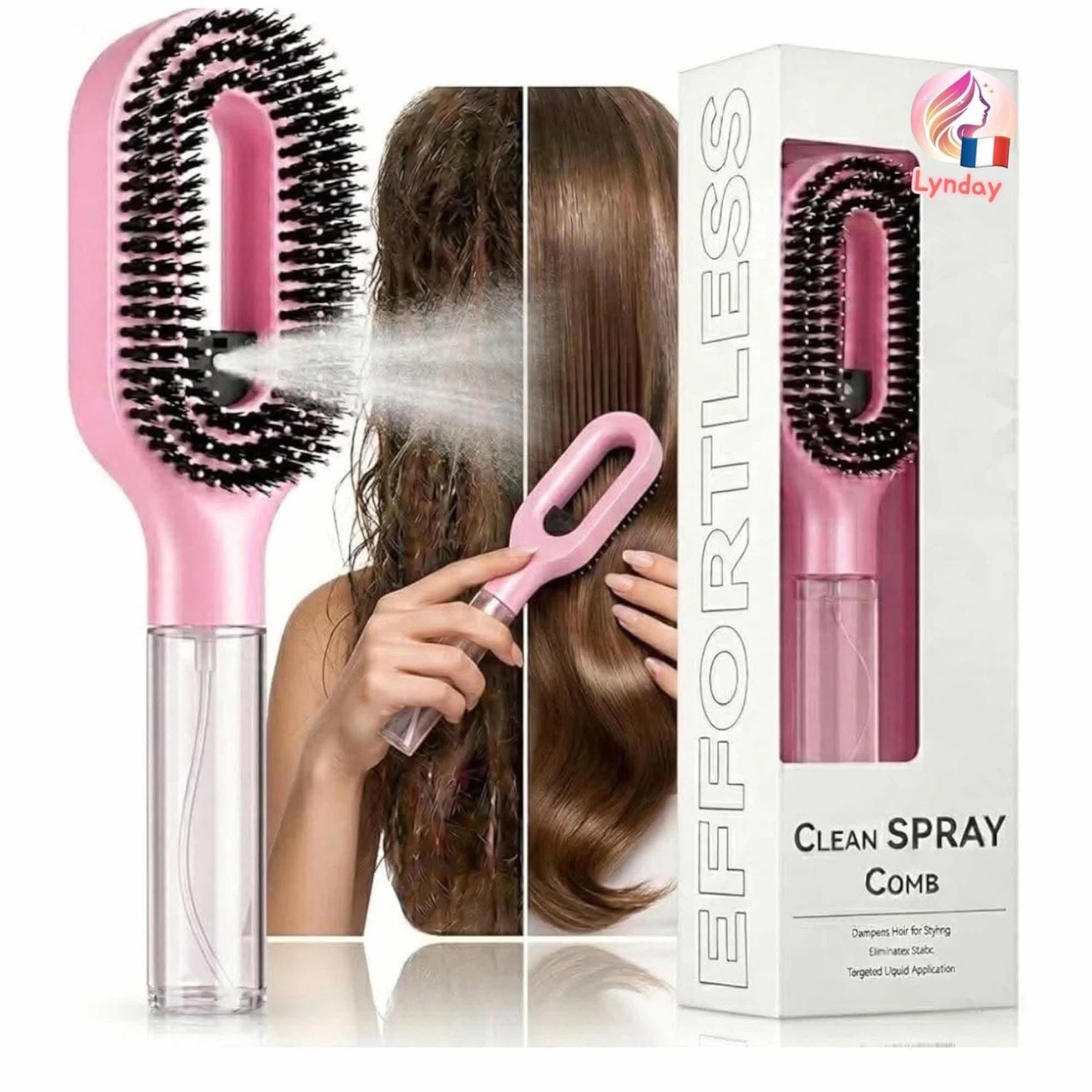 Brosse à Cheveux Démêlante Magique avec Spray Intégré, Anti-Statique pour Cheveux Fins et Fragiles, 2-en-1 Vaporisateur Hydratant, Rose