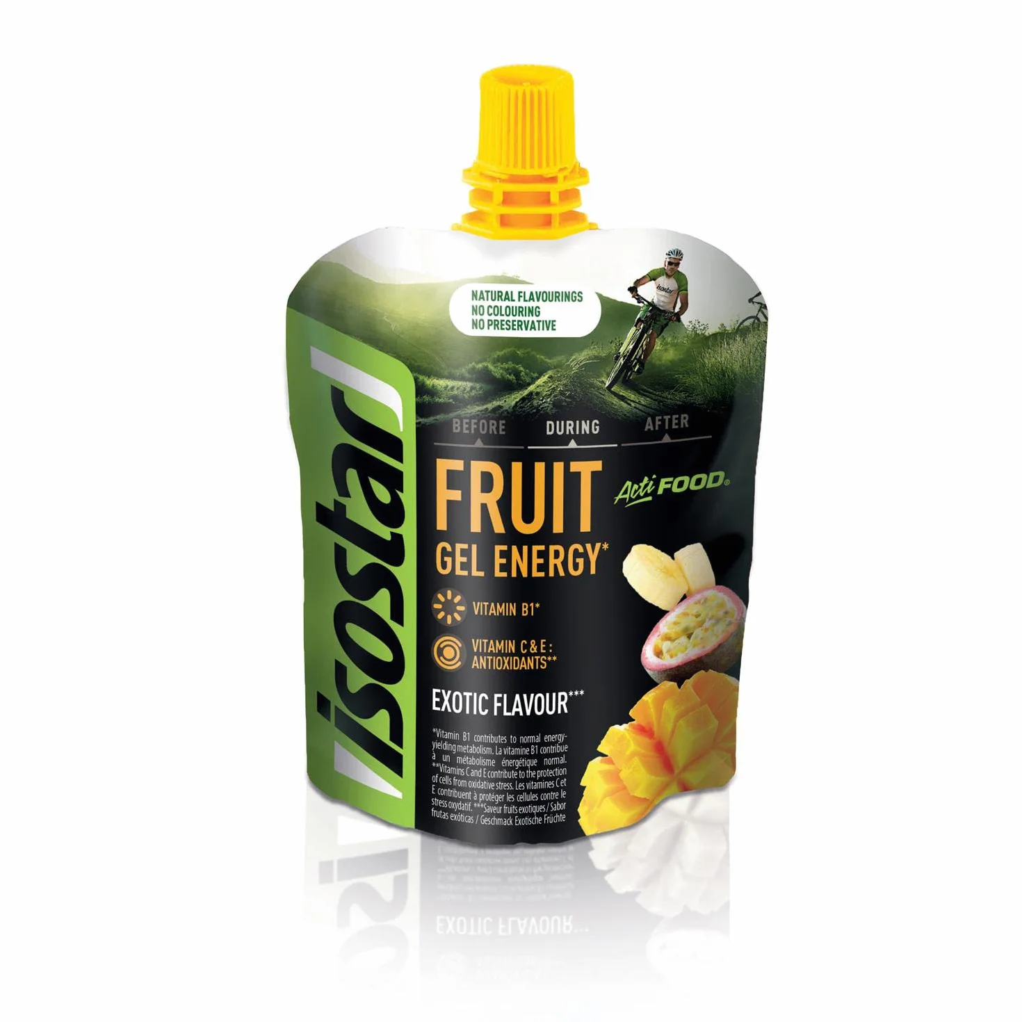 ISOSTAR Gel Actifood Fruits Exotiques Énergétique Sport Glucides Vitamines B1 C E Running Vélo Trail 90 g