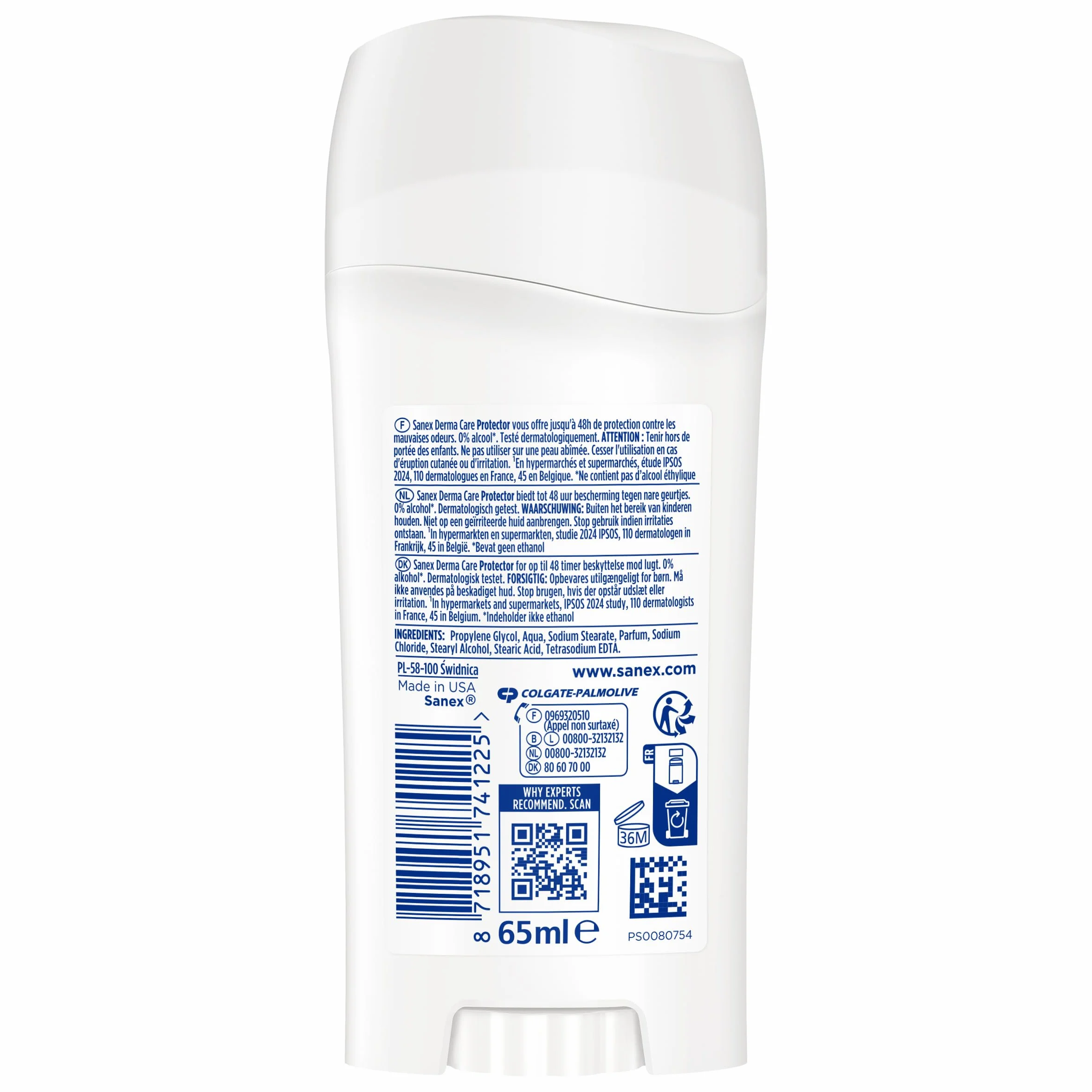 SANEX Derma Care Protector Déodorant Stick 65ml fraîcheur longue durée contre la transpiration