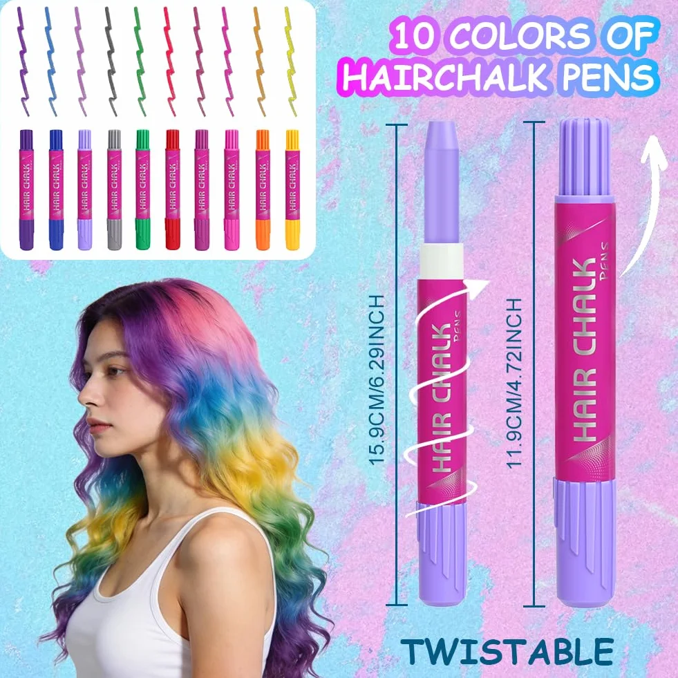 Craies colorantes temporaires pour cheveux, 10 pièces, non toxiques, faciles à laver, métalliques et pailletées
