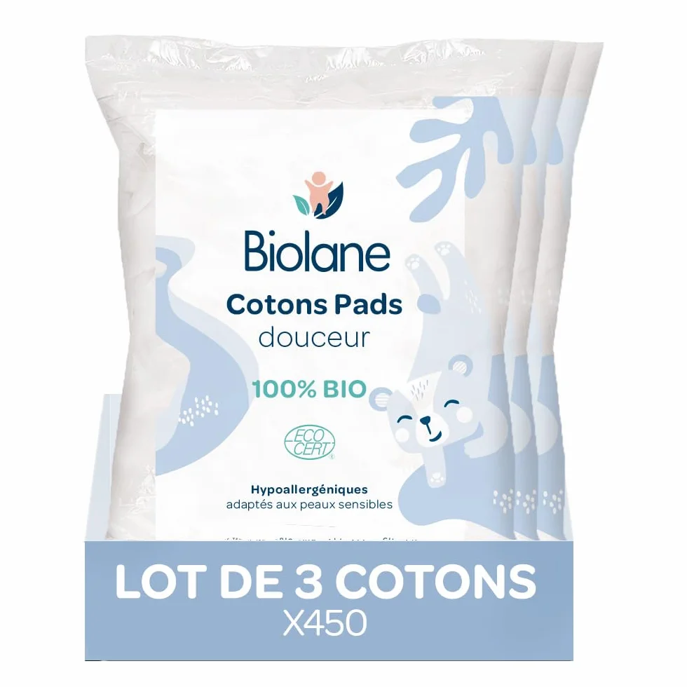 BIOLANE Lot de 3 Cotons pads douceur Bébé 100% Bio 150 Cotons Peaux sensibles Fabriqués en France