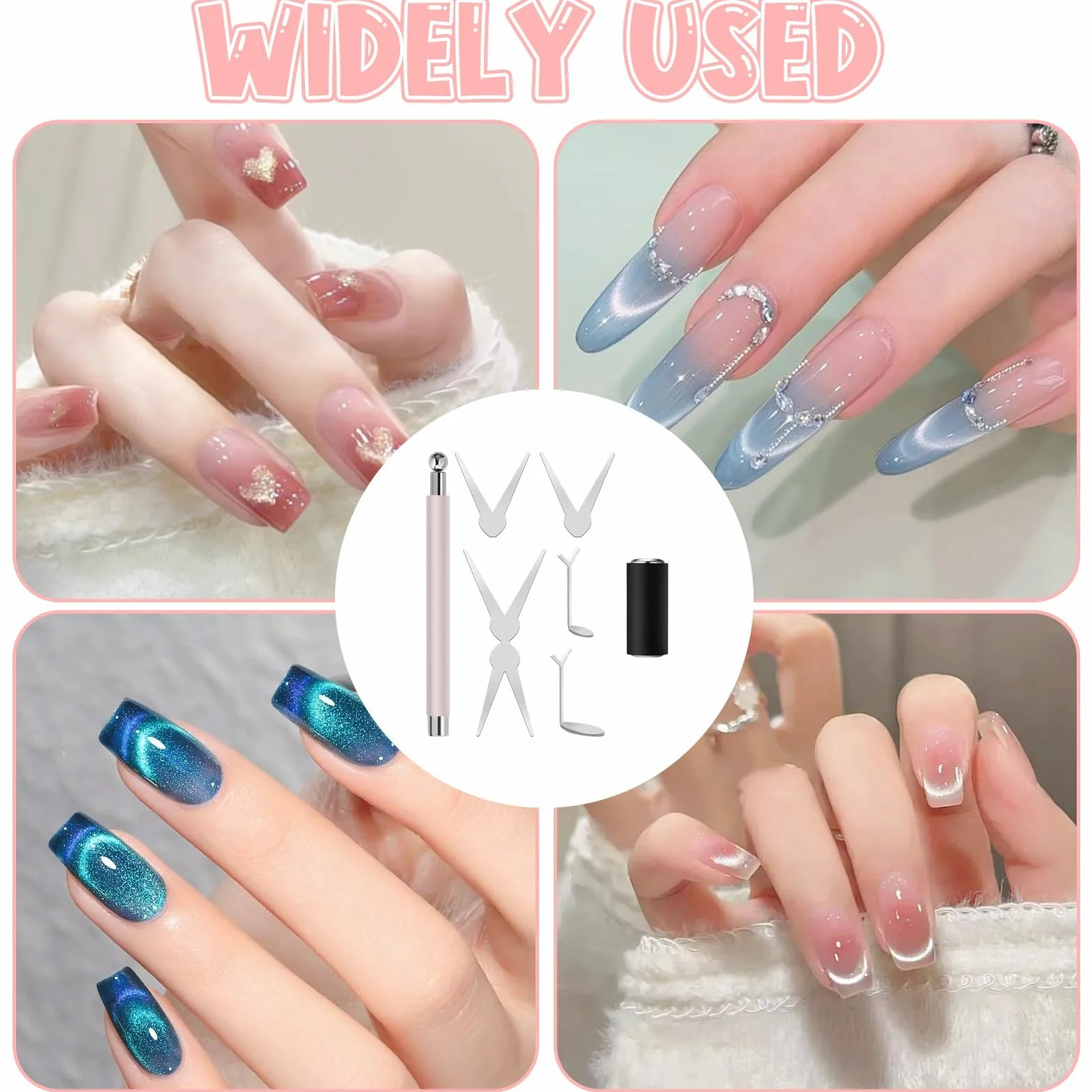 Kit de 8 aimants French Cat Eye, kit de nail art 3 en 1 avec ciseaux et aimants cylindriques pour vernis gel