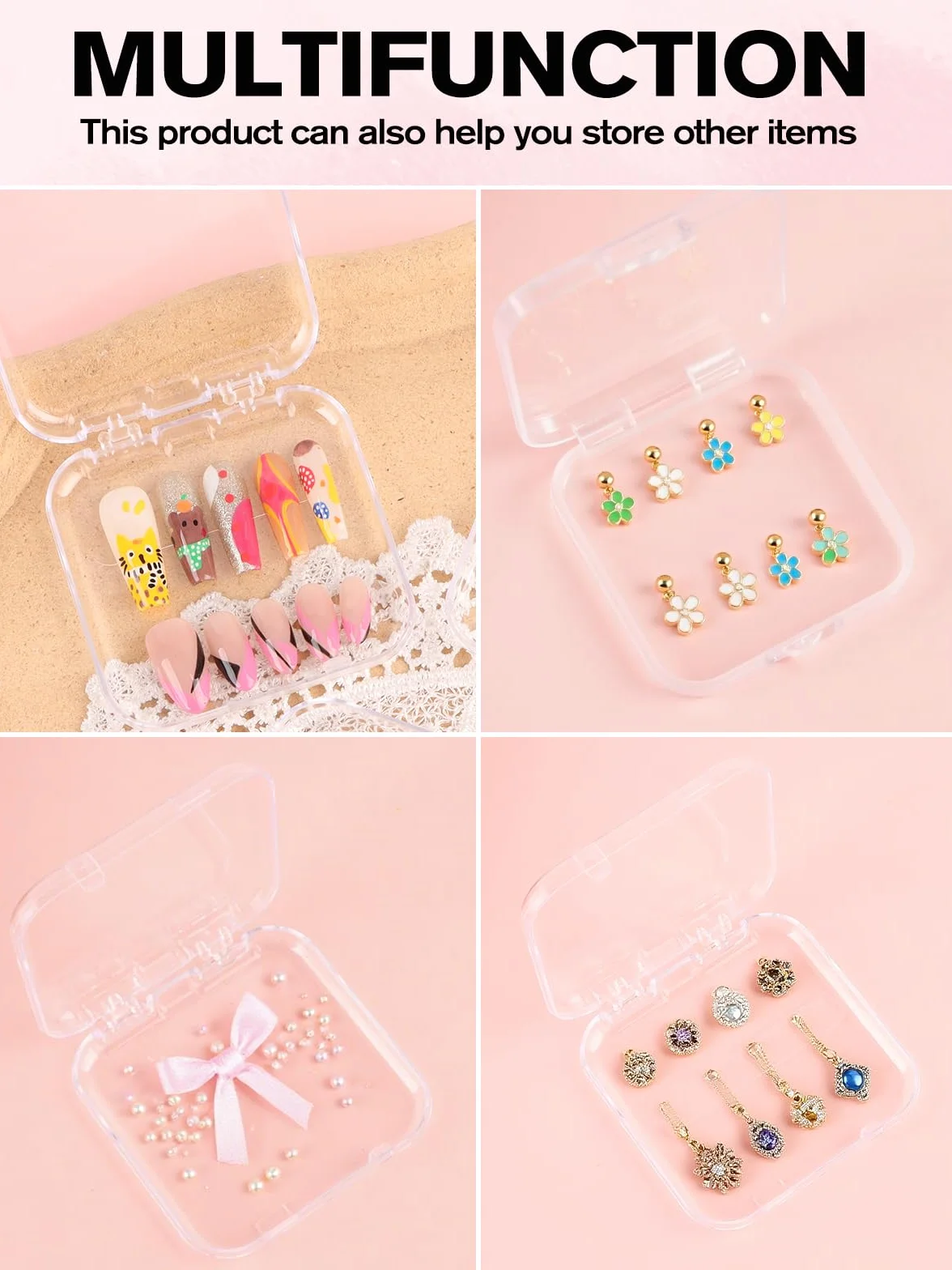 24 pièces Ensemble Boîtes Rangement pour Ongles, Kalolary Boîte Rangement Transparente Faux Ongles avec 4 feuilles Ruban Adhésif Double Face Amélioré Présentoir Transparent Faux Ongles Presser Salon