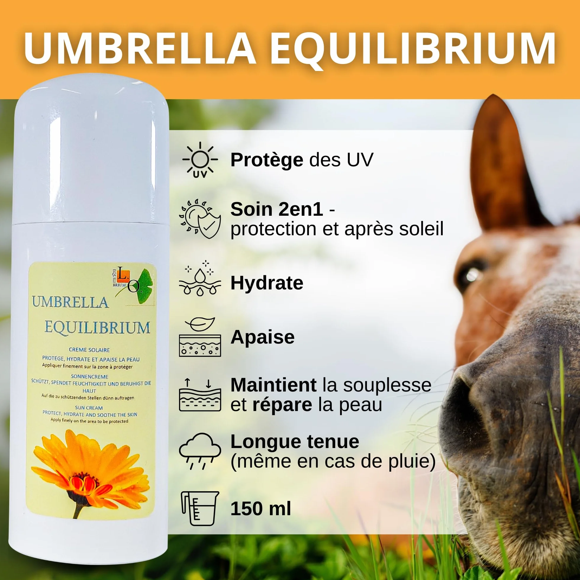 Umbrella Equilibrium -2en1 - Crème Protection Solaire UV et après Soleil Naturel pour Cheval - A Base de Calendula, Carotte, germes de blé, Lavande, et filtres UV minéraux