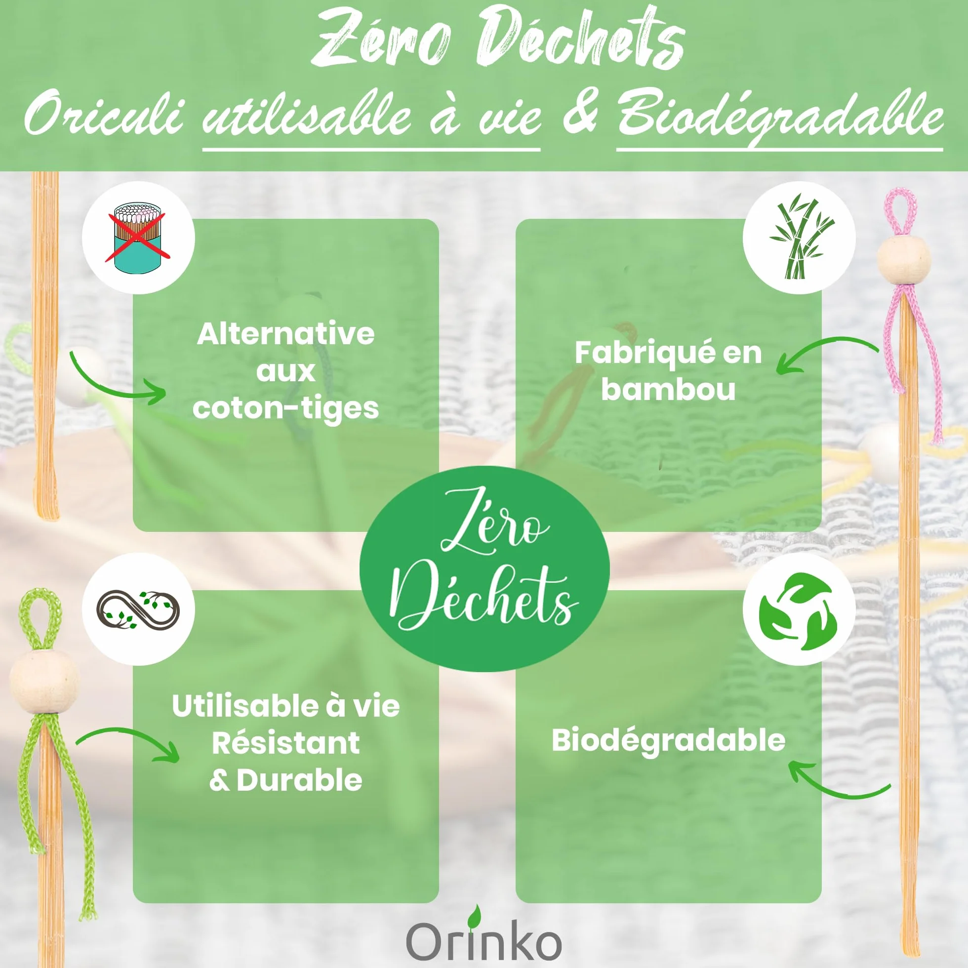ORINKO Cure Oreille Japonais Bambou 6x Écologique Réutilisable Zéro Déchet